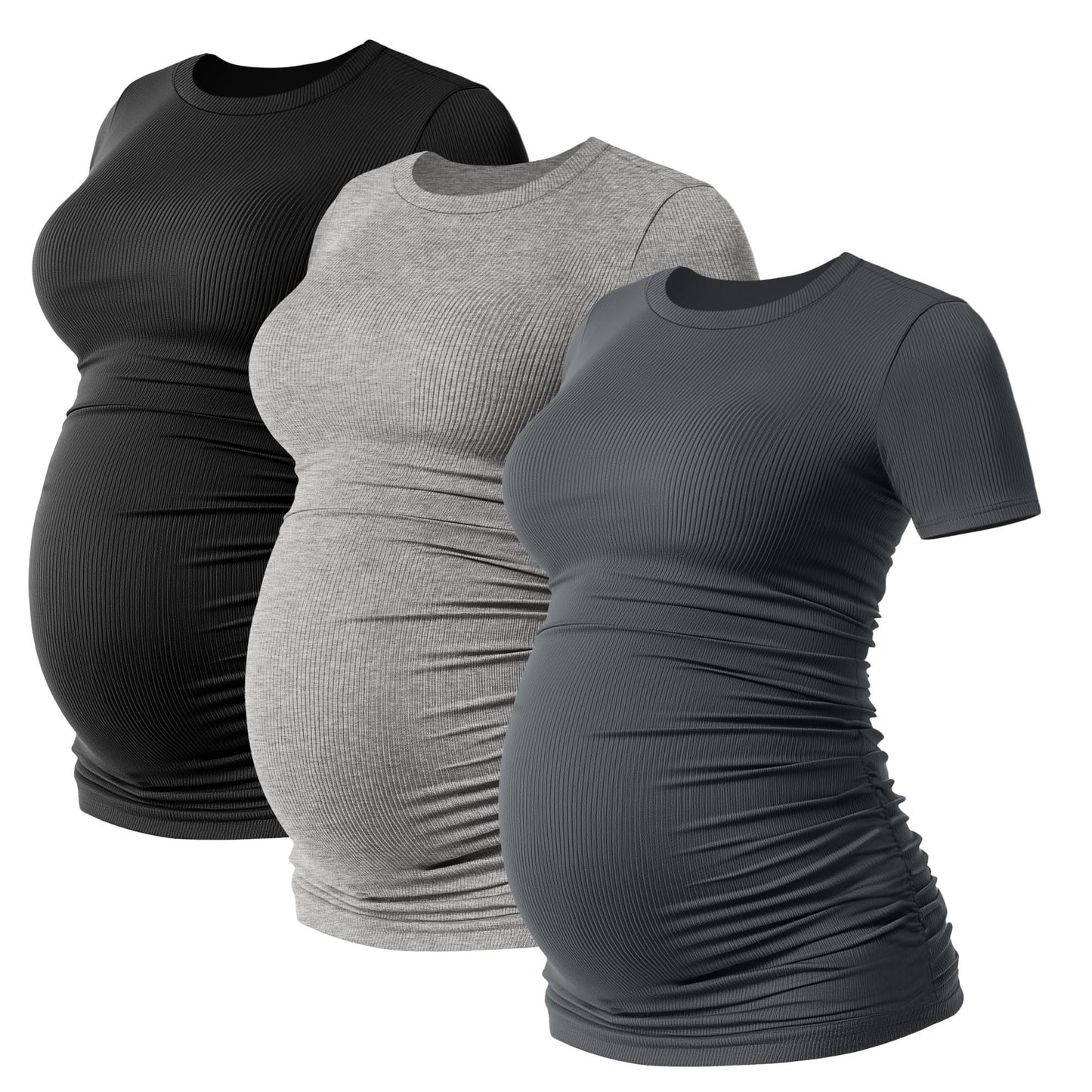 Ficerd 3 Pack Women's Maternity Shirts Cotton Short Sleeve Pregnancy Tops Side Ruched Ribbed Casual Mama tees Clothes