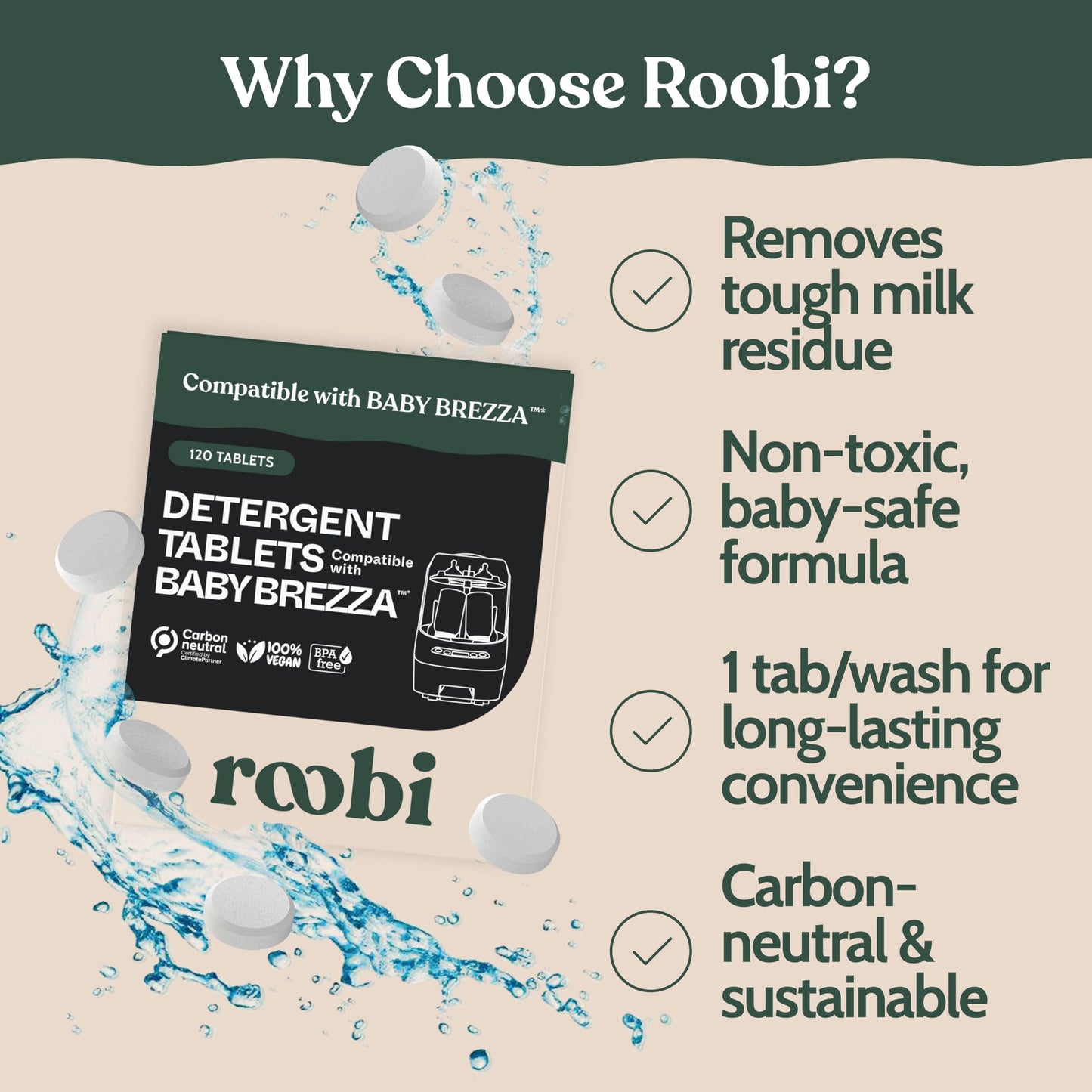 Roobi Detergent Tablets Compatible with Baby Brezza Bottle Washer Pro. Removes Milk Residue & Odor, Hypoallergenic Carbon Neutral Formula. 120 Count.