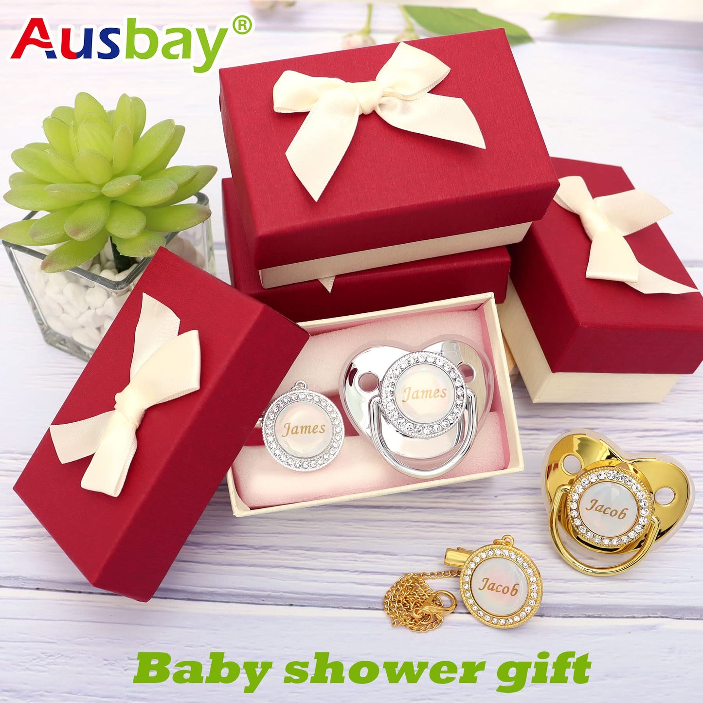 Personalized Pacifier Set with Name, BPA Free, Bling Gold Silver Pink Rose Gold Luxurious Ideal Gift for Newborns (Gold)