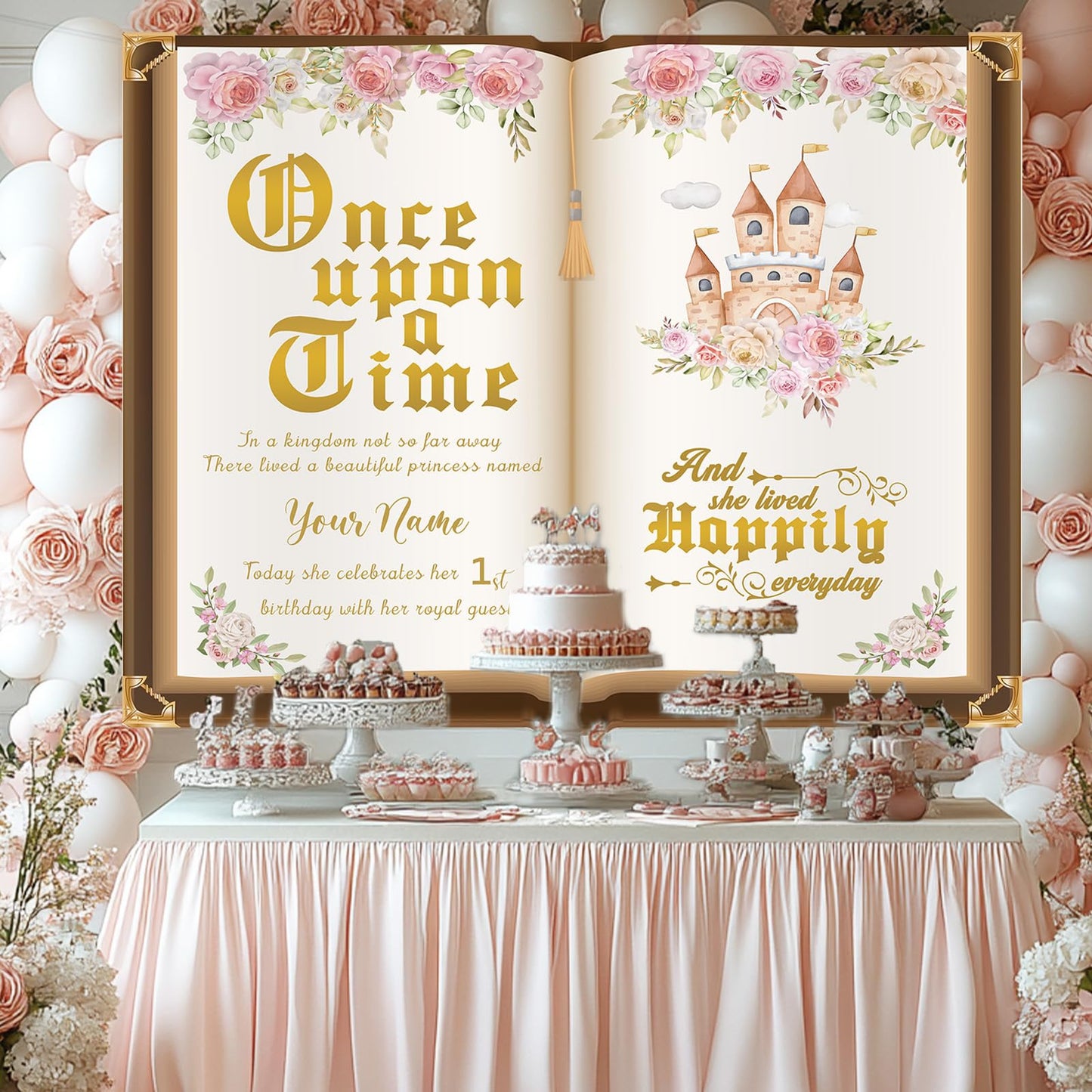 Custom Girl Birthday Backdrop Banner – Princess Fairy Tale Party Decor, Personalized Premium Photo Booth Background for Birthdays, Baby Showers – Durable, Reusable, Easy to Hang (5x7ft)