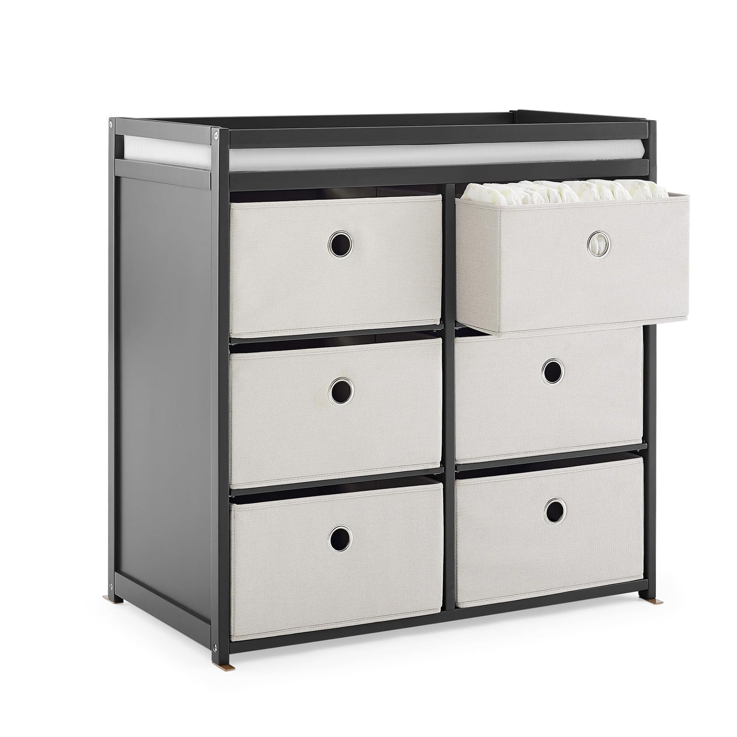 Delta Children Hayes Changing Table and Dresser for Bedroom with 6 Fabric Drawers, Charcoal Grey/Flax