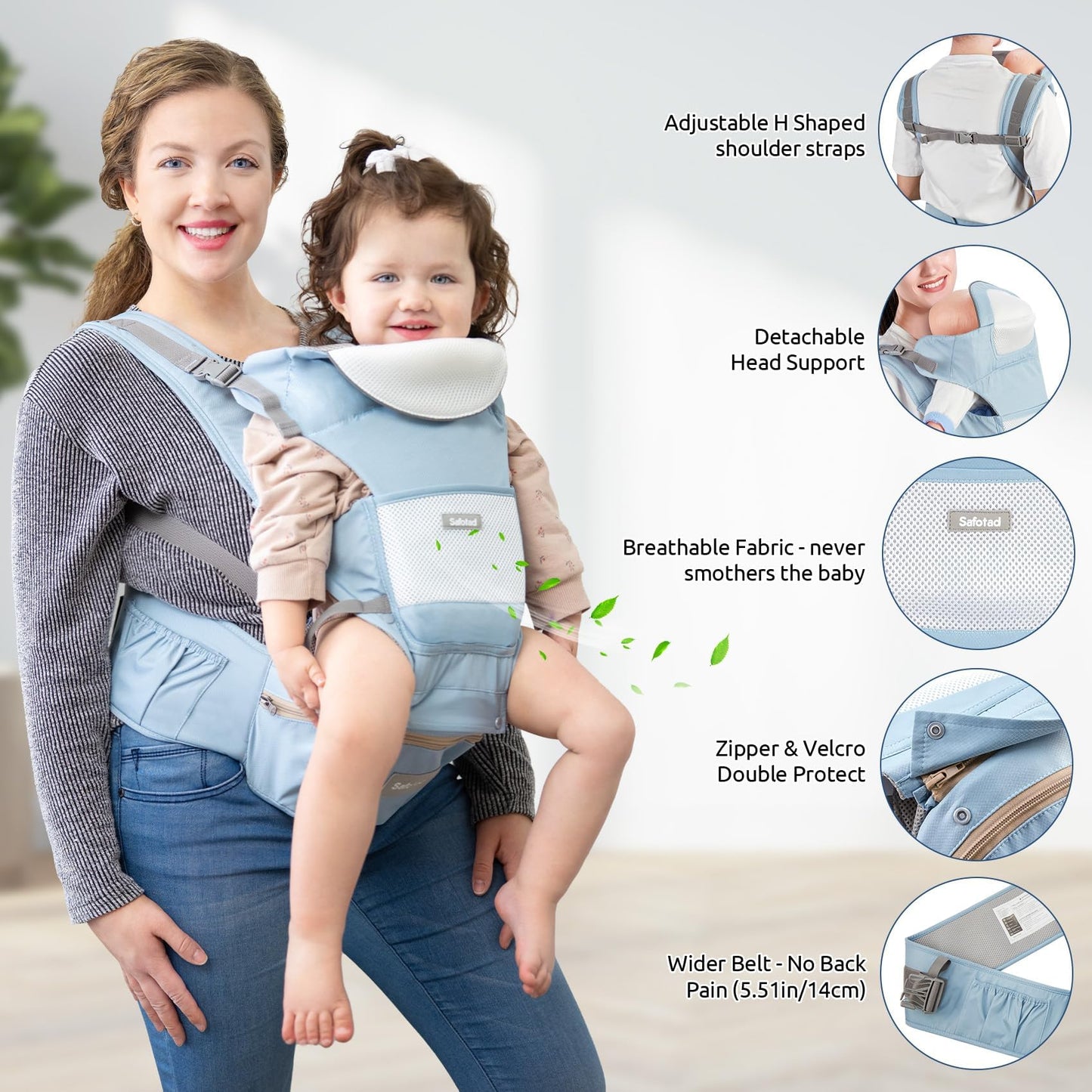 Baby Carrier with Hip Seat,Ergonomic M Position 6in1 Baby Carrier Newborn to Toddler,Head Support and Breathable Mesh Newborn Carrier,Adjustable Baby Holder Carrier for Dad&Mom-Grey