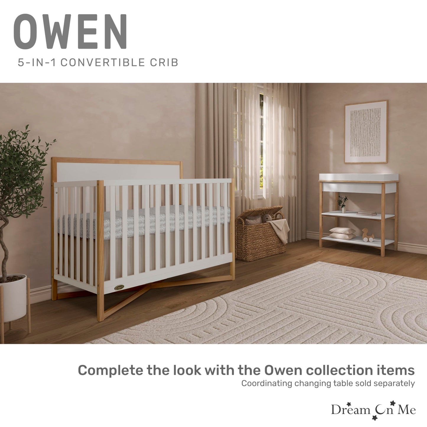 Dream On Me Owen 5-in-1 Convertible Crib in White Oak, Greenguard Gold & JPMA Certified Baby Crib, Converts from Crib to Toddler Bed, Day Bed, Kids Sofa & Full Size Bed