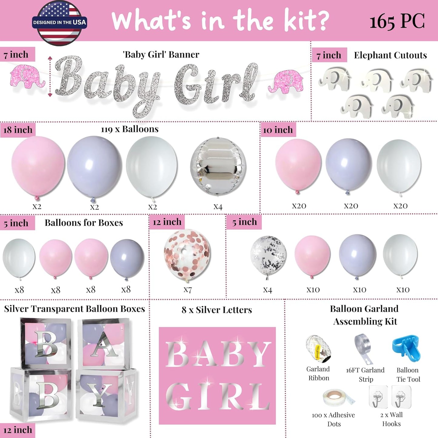165 pc Baby Shower Decorations for Girl, Birthday Girl, Balloon Garland Arch, Banner and Balloons Boxes, Elephant Baby Shower and Birthday Decorations