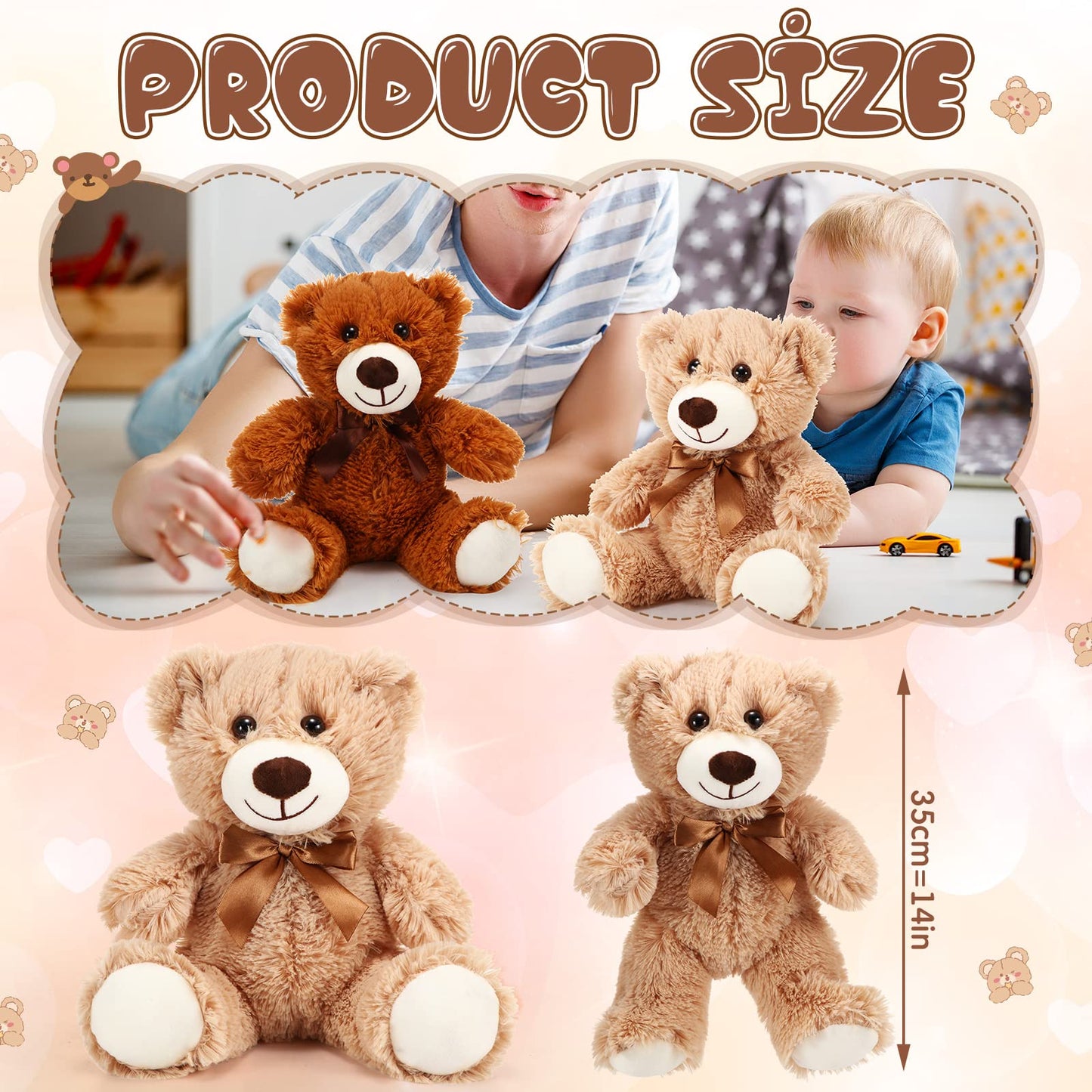 HyDren 6 Pcs Bear Stuffed Animal Plush Toys Soft Plush Dolls Bear Sleeping and Playing Toys for Baby Shower Decoration Boy(Fuzzy Style,Brown)