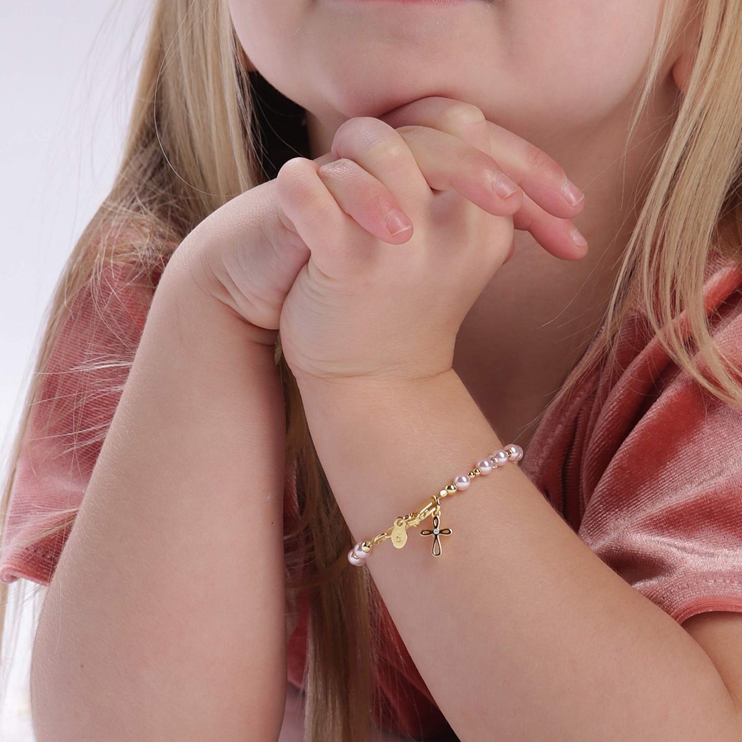 Cherished Moments Children's 14K Gold-plated Bracelet with Pink High-End Simulated Pearls and Cross or Heart Charm for Baptism, Christening or First Communion Gift for Girls