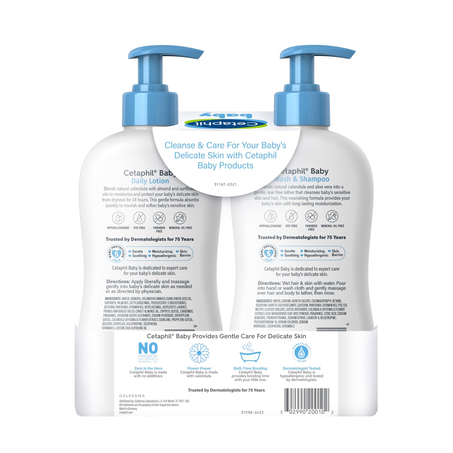 Cetaphil Baby Wash & Shampoo Plus Body Lotion, Healthy Skin Essentials, Head to Toe Hydration for up to 24 Hours, for Delicate, Sensitive Skin, 2-Pack,White