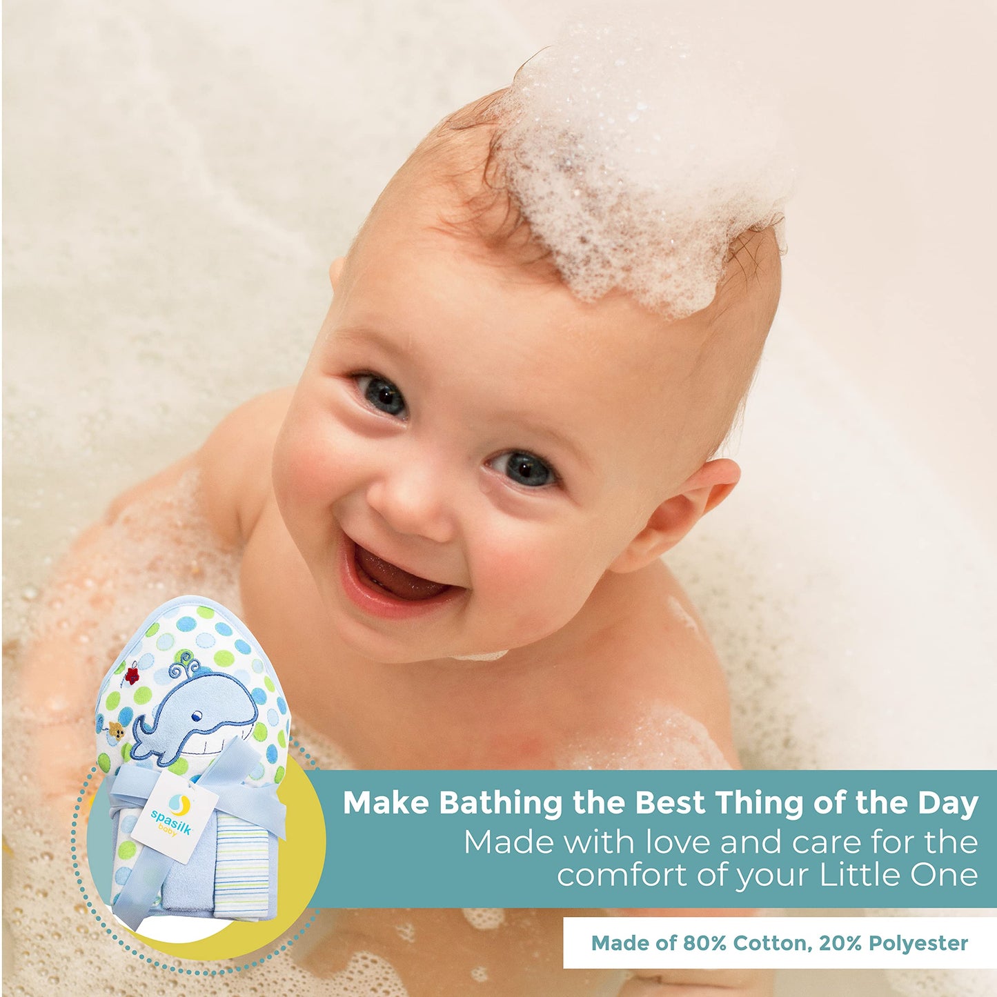 Spasilk Baby Bath Hooded Terry Towel with 3 Washcloths, Baby Bath Essentials, One Size, Blue Whale