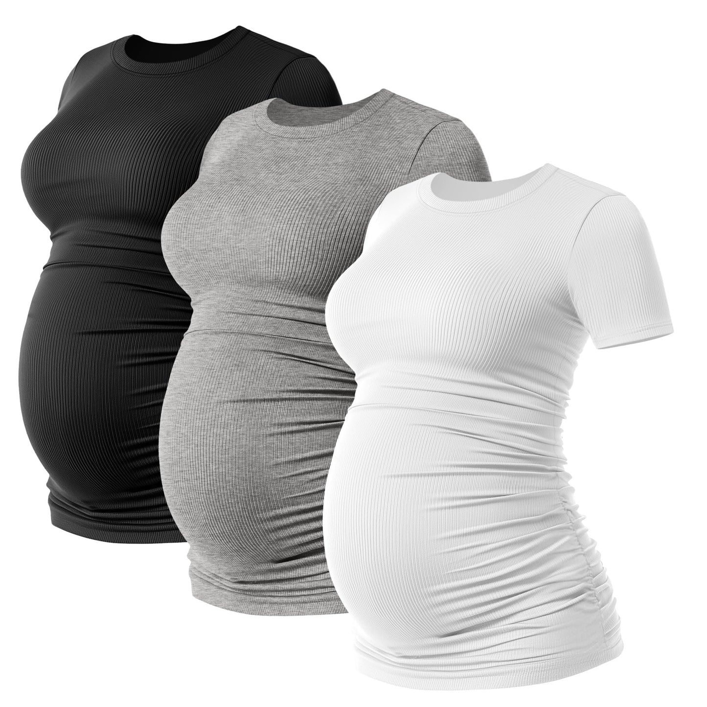 Ficerd 3 Pack Women's Maternity Shirts Cotton Short Sleeve Pregnancy Tops Side Ruched Ribbed Casual Mama tees Clothes