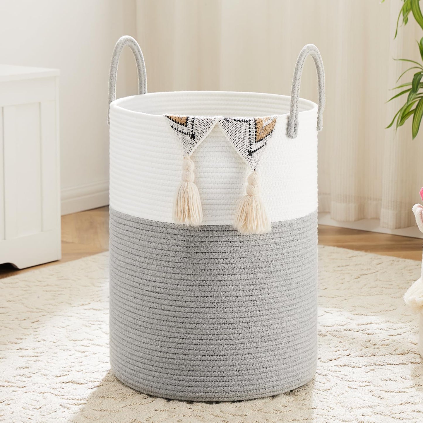 Laundry Basket,Woven Cotton Rope Laundry Hamper,60L for Decor Storage of Dirty Clothes,Toys and Blankets in Bathroom,Baby Room and Living Room