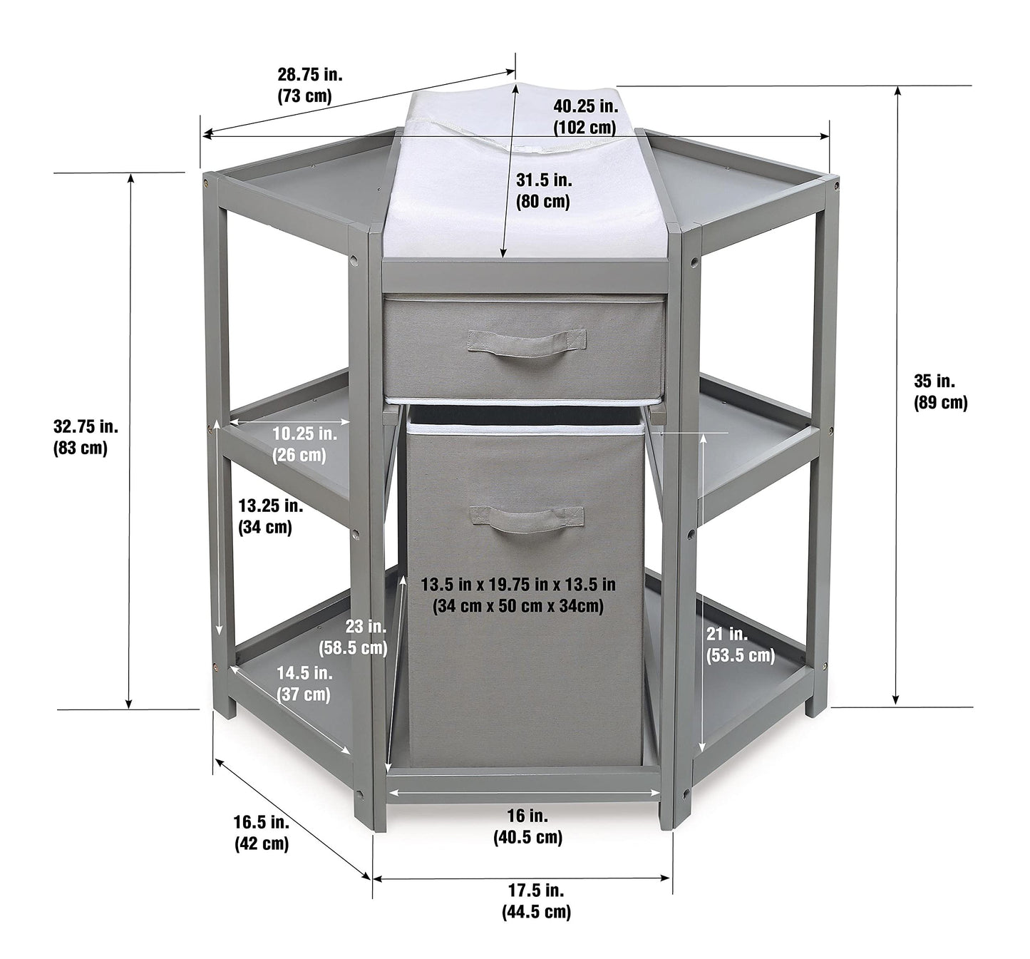 Badger Basket Diaper Corner Baby Changing Table – Space-Saving White Nursery Station with Hamper, Basket & Changing Pad