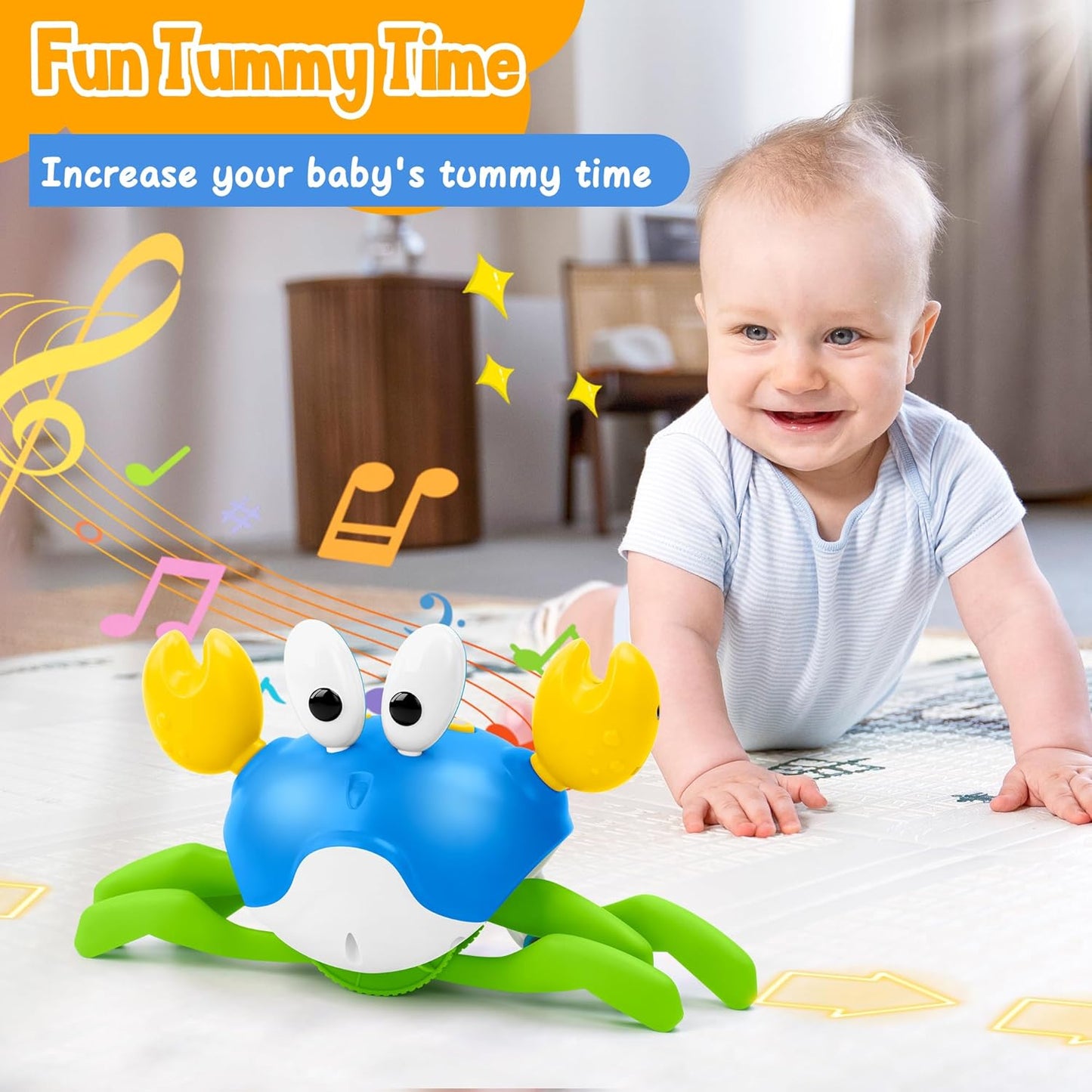 Crawling Crab Baby Toy, Increase Baby's Tummy Time Crab, Inspire Crawling, Automatic Obstacle, Rechargeable, Music, Speed Adjustment, Recording, Dancing Crab Toy for Kid's Sensory Development