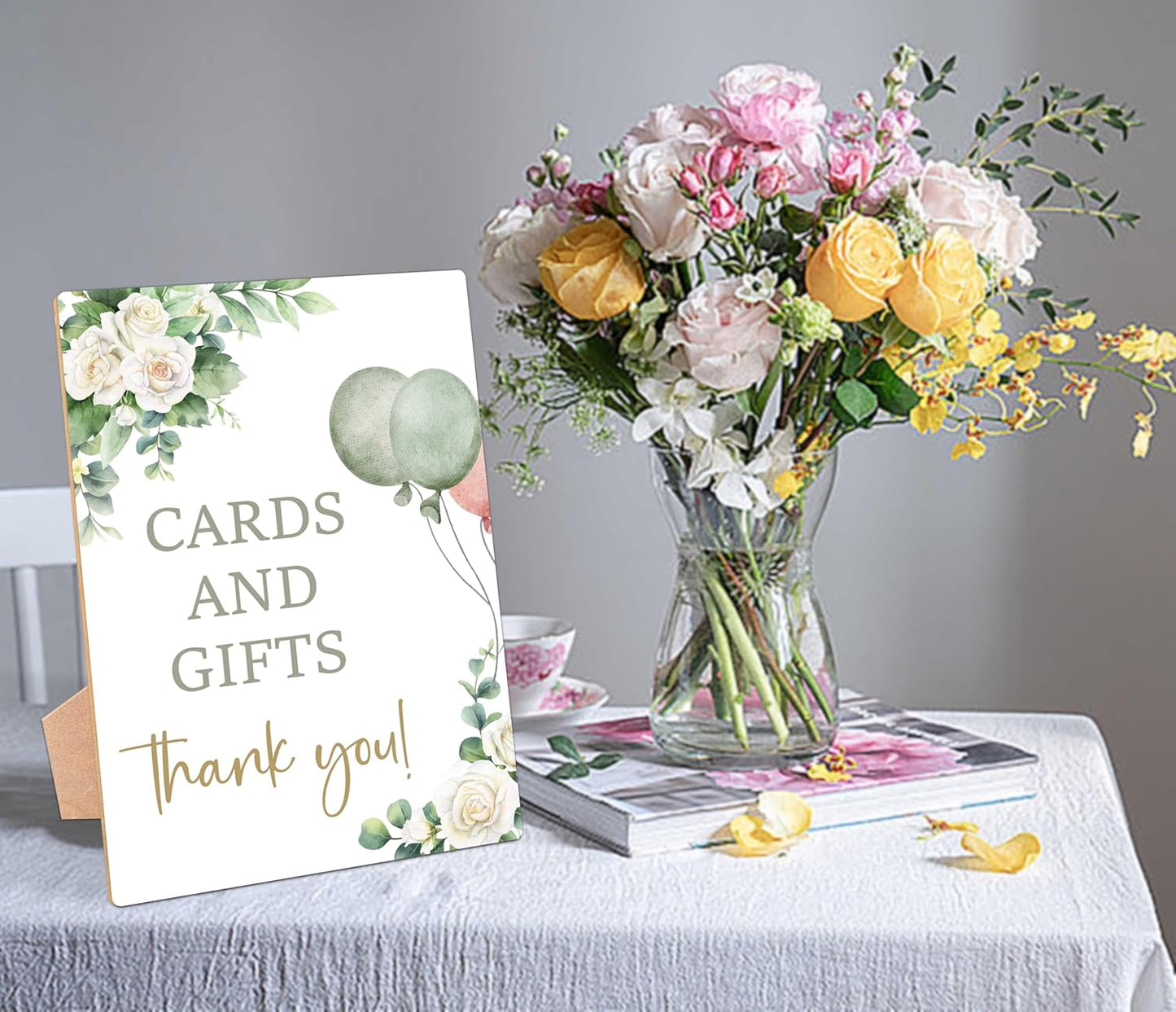 Sage Green Baby Shower Table Sign, Cards and Gifts Sign, Pack of 1 Wooden Tabletop Sign with Stand, Greenery Balloons Baby Shower Supplies, Gender Reveal Party Decorations - RG02