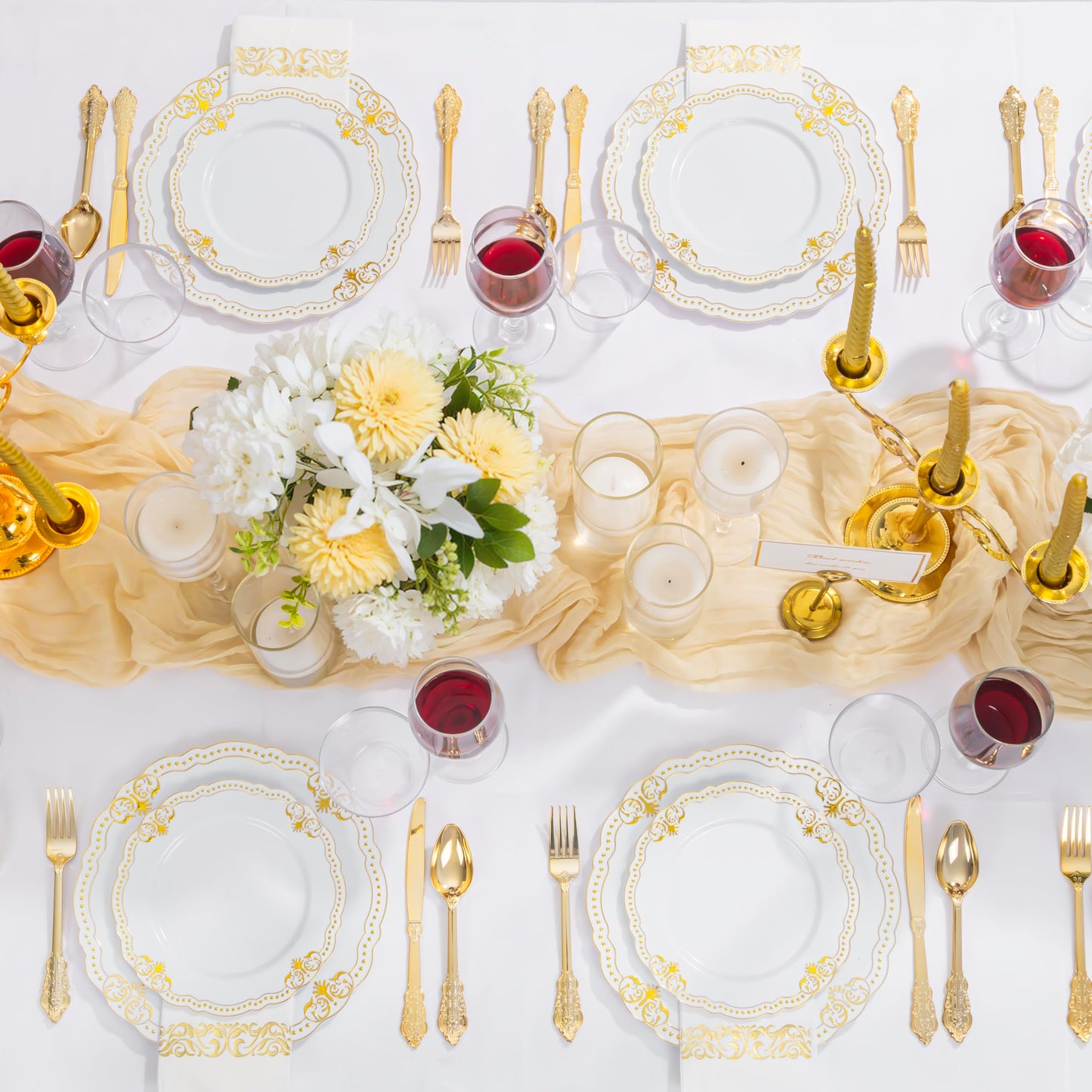 Ciaell 175 PCS White and Gold Plastic Plates - Fancy Gold Disposable Dinnerware Set with of 25 Dinner Plates, 25 Salad Plates, 25 Knives, 25 Forks, 25 Spoons, 25 Cups, 25 Napkins for Weddings Party
