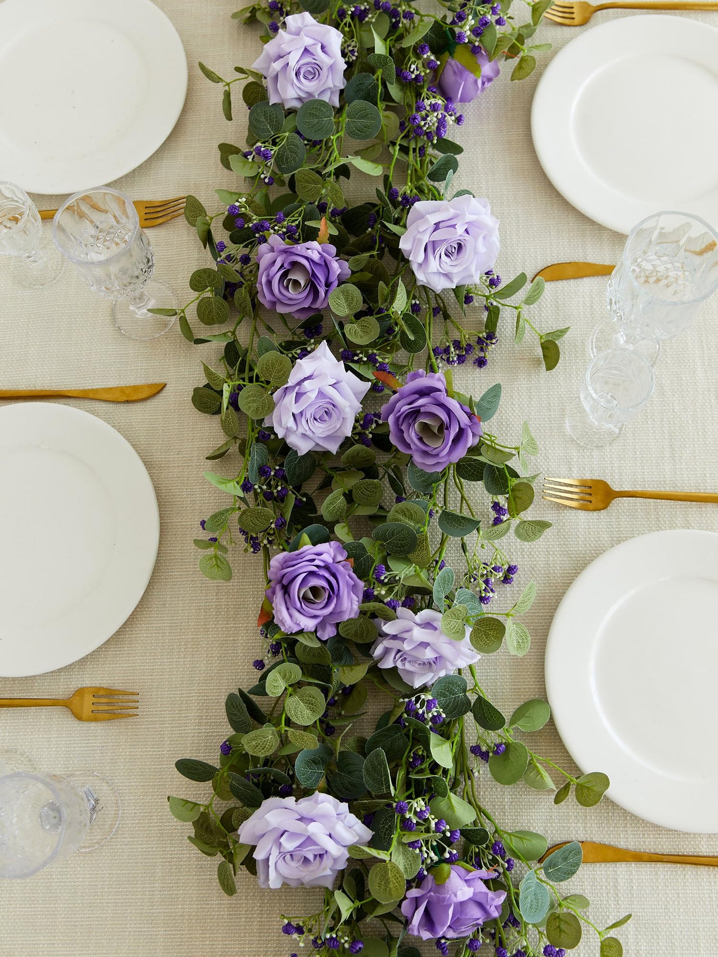 Anna's Whimsy 5.91FT Artificial Eucalyptus Garland with Flowers, Fake Flower Rose Gypsophila, Faux Floral Greenery Garland for Wedding Spring Home Party Craft Art Table Runner Decor