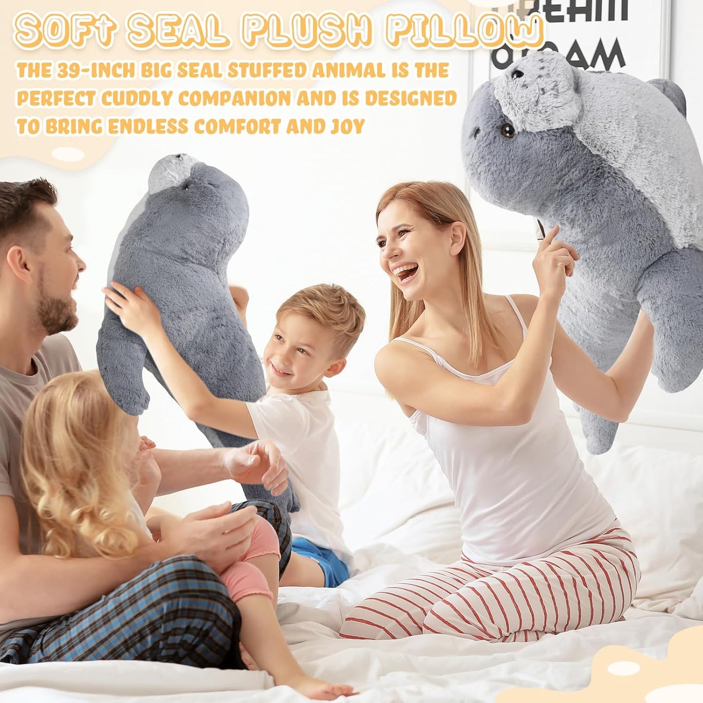 Poen 39 Inch Giant Seal Plush Stuffed Animal Large Fat Soft Cuddly Grey Cute Hug Seal Plush Toy Adorable Big Pillow Gift for Kids Sleeping Companion Birthday Ocean Animals Decor
