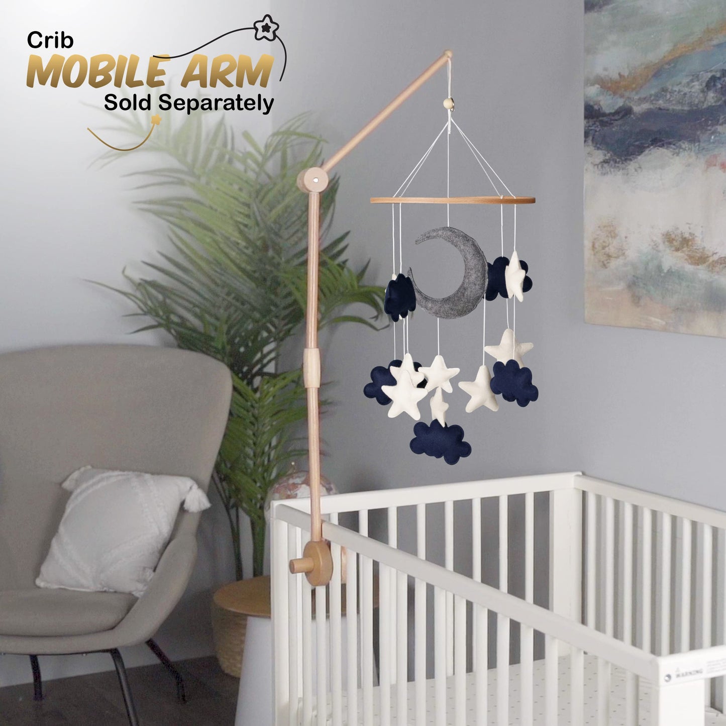 Baby Mobile for Crib - Handmade Modern Boho Baby Mobiles for Bassinet Felt Nursery Mobile Gender Neutral - Gold Moon and Stars - Girl Cribs Decorations