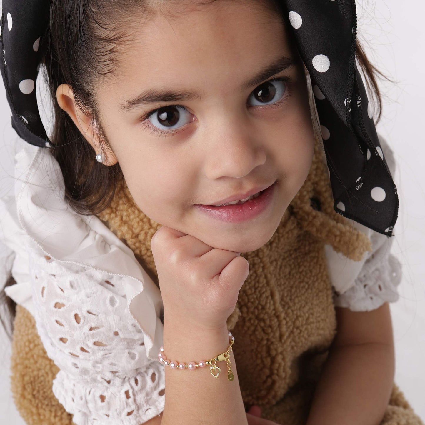 Cherished Moments Children's 14K Gold-plated Bracelet with Pink High-End Simulated Pearls and Cross or Heart Charm for Baptism, Christening or First Communion Gift for Girls