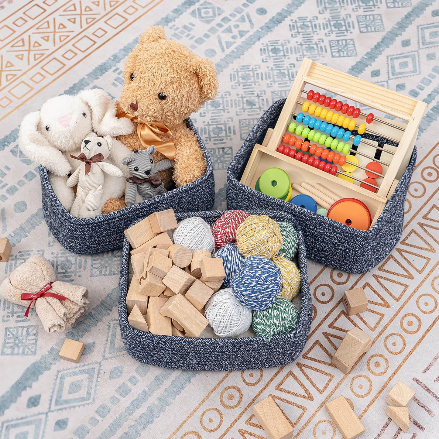 CubesLand Off White Small Storage Baskets for Shelves, Closet Organization Storage Bins Empty Gift Basket Baby Nursery Woven Baskets for Organizing, Rectangular Clothes Closet Shelves Baskets 3 Packs