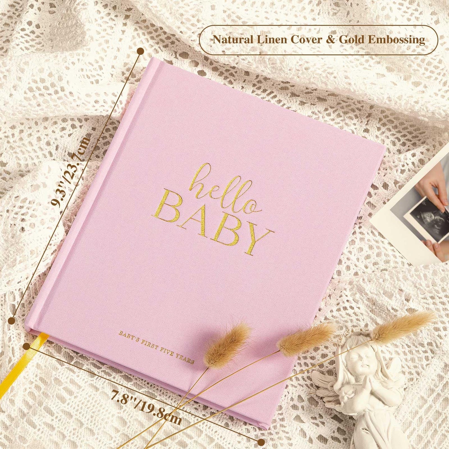 Lanpn Hello Baby First 5 Year Memory Book for Boy Girl - Linen Hardcover Baby Book Keepsake for New Parents - Newborn Baby Journal Scrapbook Photo Album Baby Milestone Book (Beige, 154 Pages)