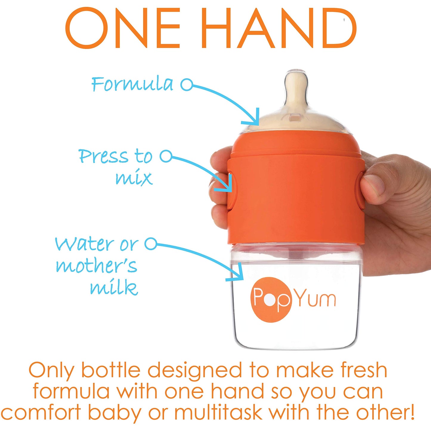 PopYum 9 oz Orange Anti-Colic Formula Making/Mixing/Dispenser Baby Bottle with #2 Medium Flow Nipple, 260 ml, BPA-Free, Natural Latch