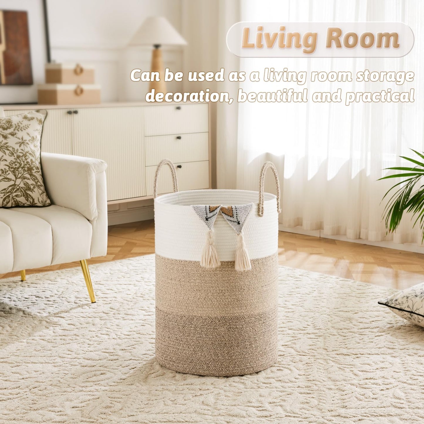 Laundry Basket,Woven Cotton Rope Laundry Hamper,60L for Decor Storage of Dirty Clothes,Toys and Blankets in Bathroom,Baby Room and Living Room