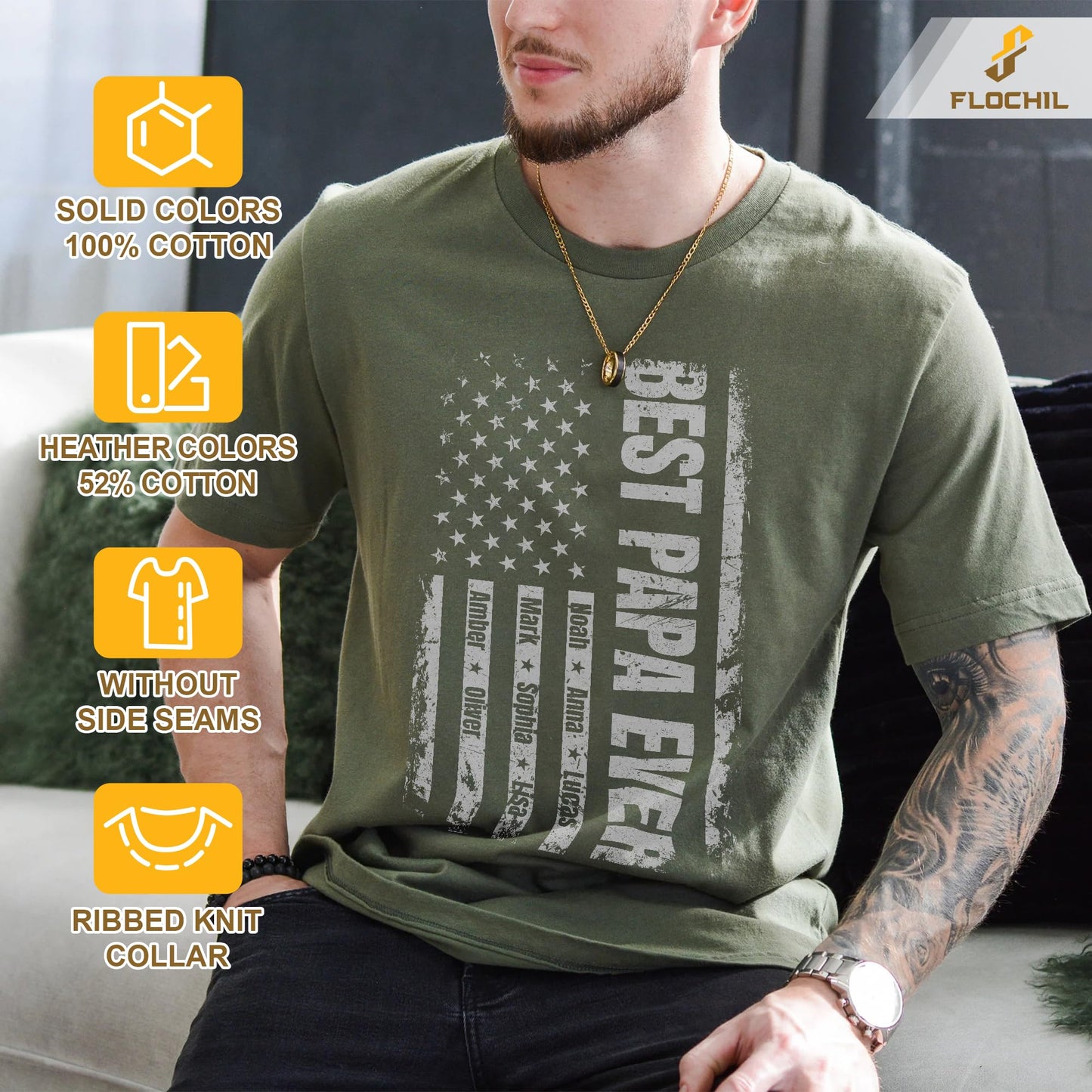 FLOCHIL Personalized Dad Shirt for Men, Custom With Kids Names, Fathers Day T Shirt, Gifts