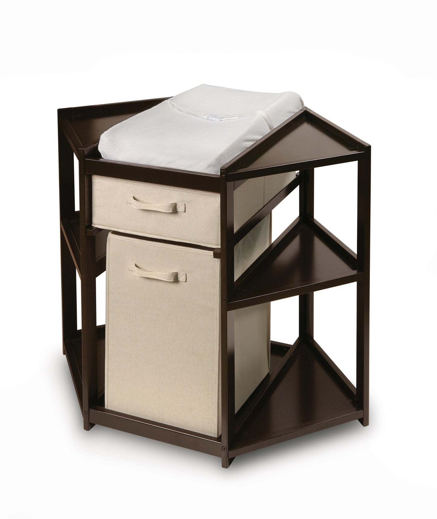 Badger Basket Diaper Corner Baby Changing Table – Space-Saving White Nursery Station with Hamper, Basket & Changing Pad