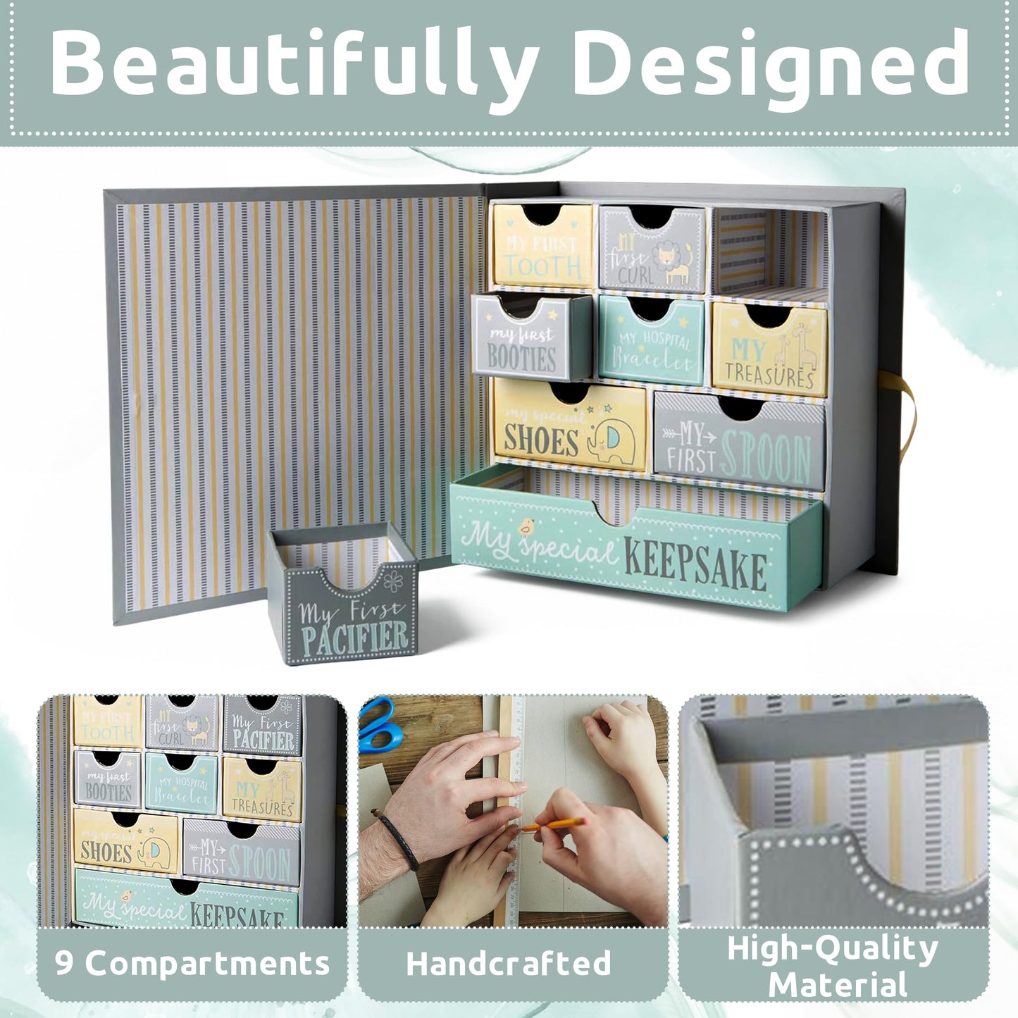 VOTUM Baby Keepsake Box for Treasured Memories, Fairytale - Lightweight, Handcrafted Baby Boxes with 9 Labeled Compartments for First Memories - Gender Neutral Baby Shower Gifts for Girls, Boys