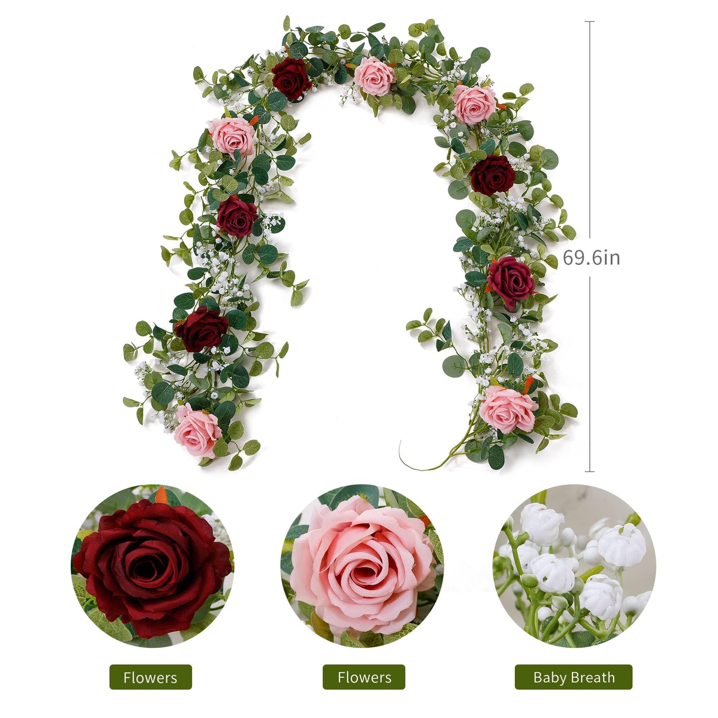 Anna's Whimsy 5.91FT Artificial Eucalyptus Garland with Flowers, Fake Flower Rose Gypsophila, Faux Floral Greenery Garland for Wedding Spring Home Party Craft Art Table Runner Decor
