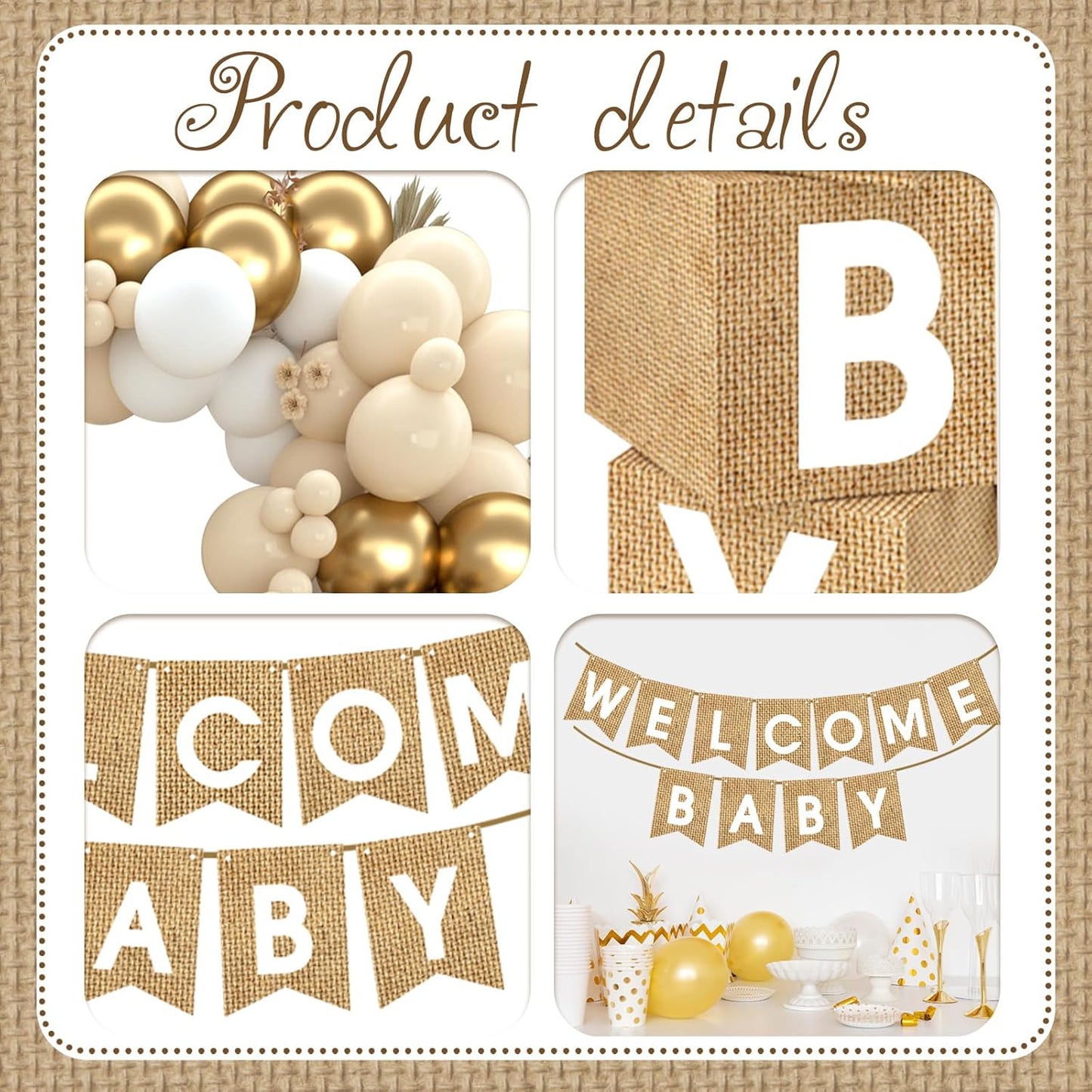 Boho Baby Shower Decorations-97Pcs Burlap Grain Baby Boxes,Nude and Gold Balloons Arch Kit and "WELCOME BABY" Banner for Neutral Baby Shower Decorations,Birthday Party Supplies,Gender Reveal