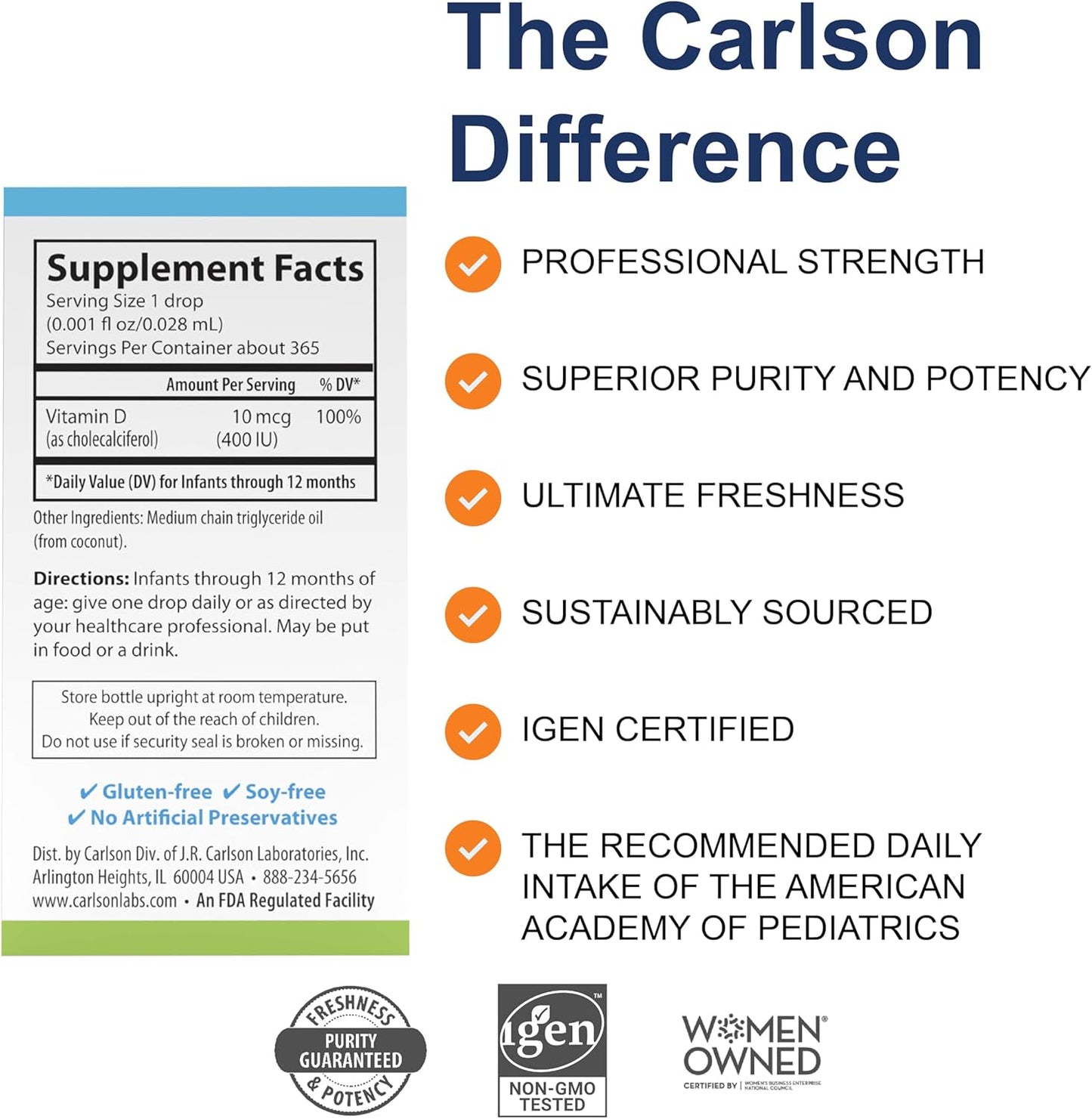 Carlson - Baby's Super Daily D3, Baby Vitamin D Drops, 400 IU (10 mcg) per Drop, 1-Year Supply, Vegetarian, Liquid Vitamin D for Infants and Toddlers, Unflavored, 365 Drops