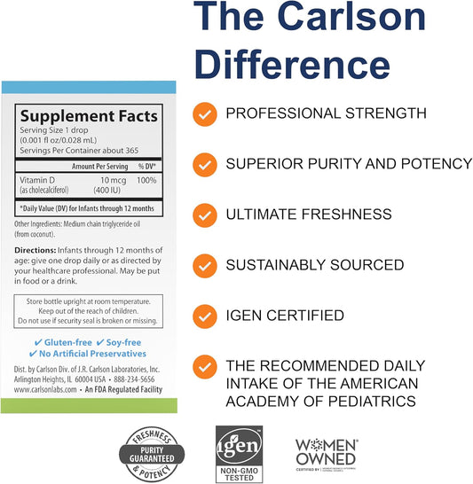Carlson - Baby's Super Daily D3, Baby Vitamin D Drops, 400 IU (10 mcg) per Drop, 1-Year Supply, Vegetarian, Liquid Vitamin D for Infants and Toddlers, Unflavored, 365 Drops