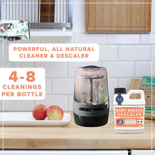 Descaler Compatible with Baby Brezza - 4 to 8 Uses - Descaler for Baby Bottle Dispensers & Washers - 32 oz Universal Cleaning Solution - Safe, All-Natural, Removes Mineral Buildup & Residue