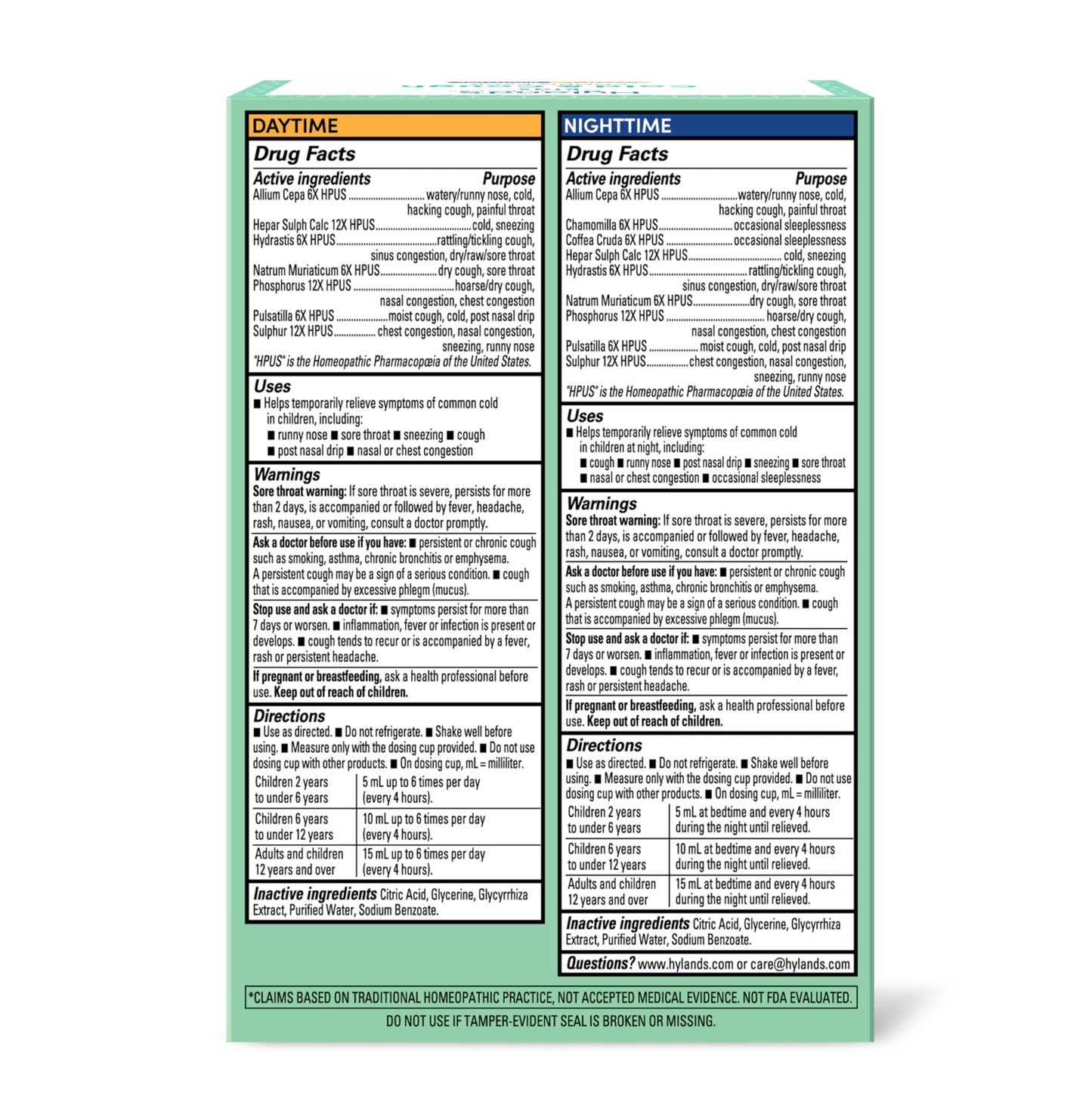 Hyland's Kids Cold and Cough, Day and Night Combo Pack, Cold Medicine for Ages 2 and up, Syrup Cough Medicine for Kids, Nasal Decongestant, 4 Fl Oz (Pack of 2)