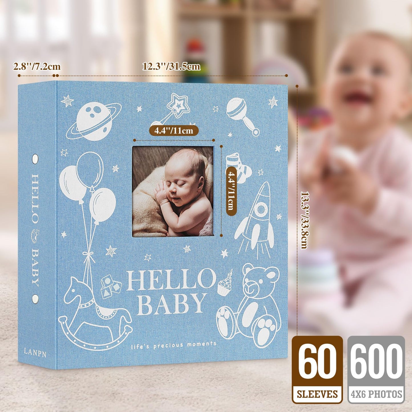 Lanpn Baby Photo Album 4x6 300 Pockets, Linen Newborn Bebe Ultrasound Photo Album with Memo Writing Area, Cover Photo Book, Picture Album for kids, Baby Girl Boy Memory Book Keepsake Colorful