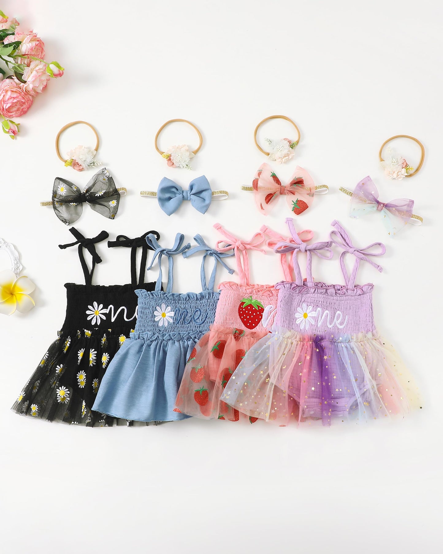 Renotemy Baby Girl Tulle Dress Sleeveless Romper Smocked Halter 1st Birthday Clothes Cake Smash Outfits with Flower Headband