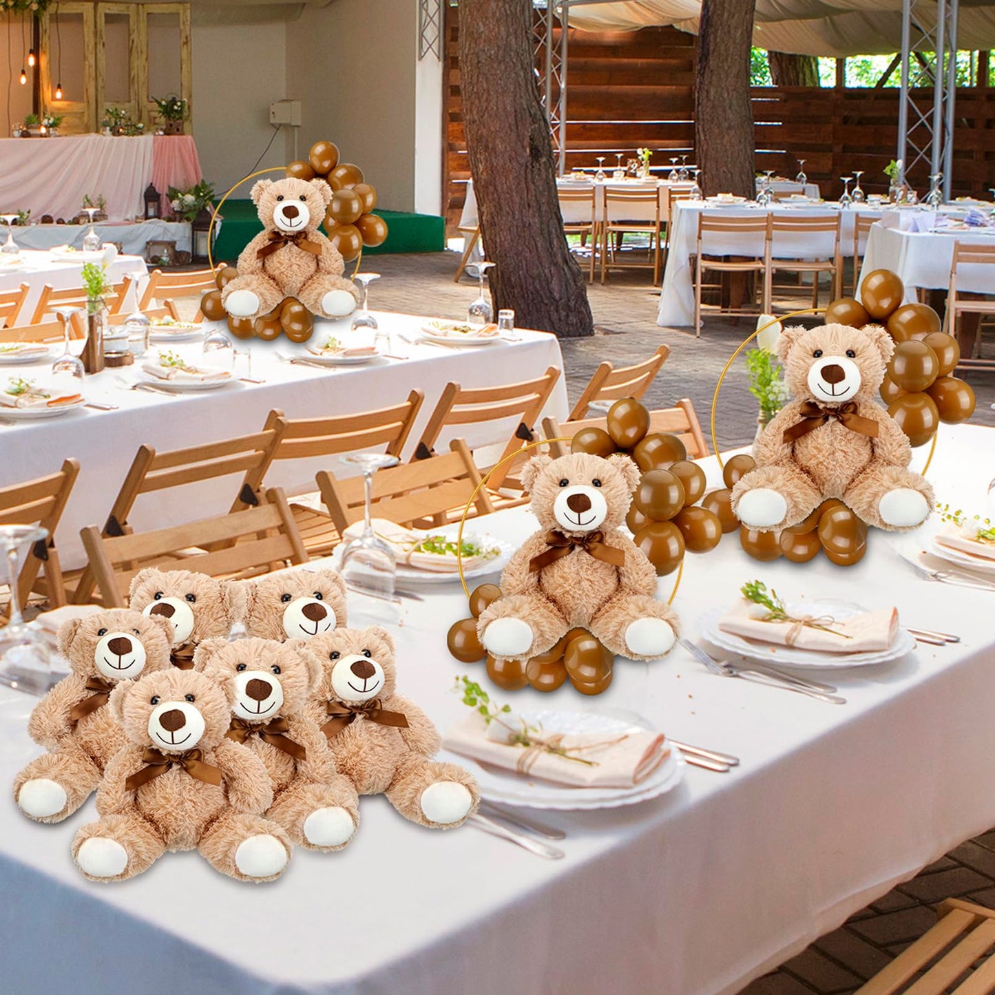 6 Sets Bear Baby Shower Table Centerpieces Bear Stuffed Animals 12 Inch Metal Floral Hoop with Stand Balloon for Wedding Baby Shower Birthday Flowers Table Decorations(Brown)