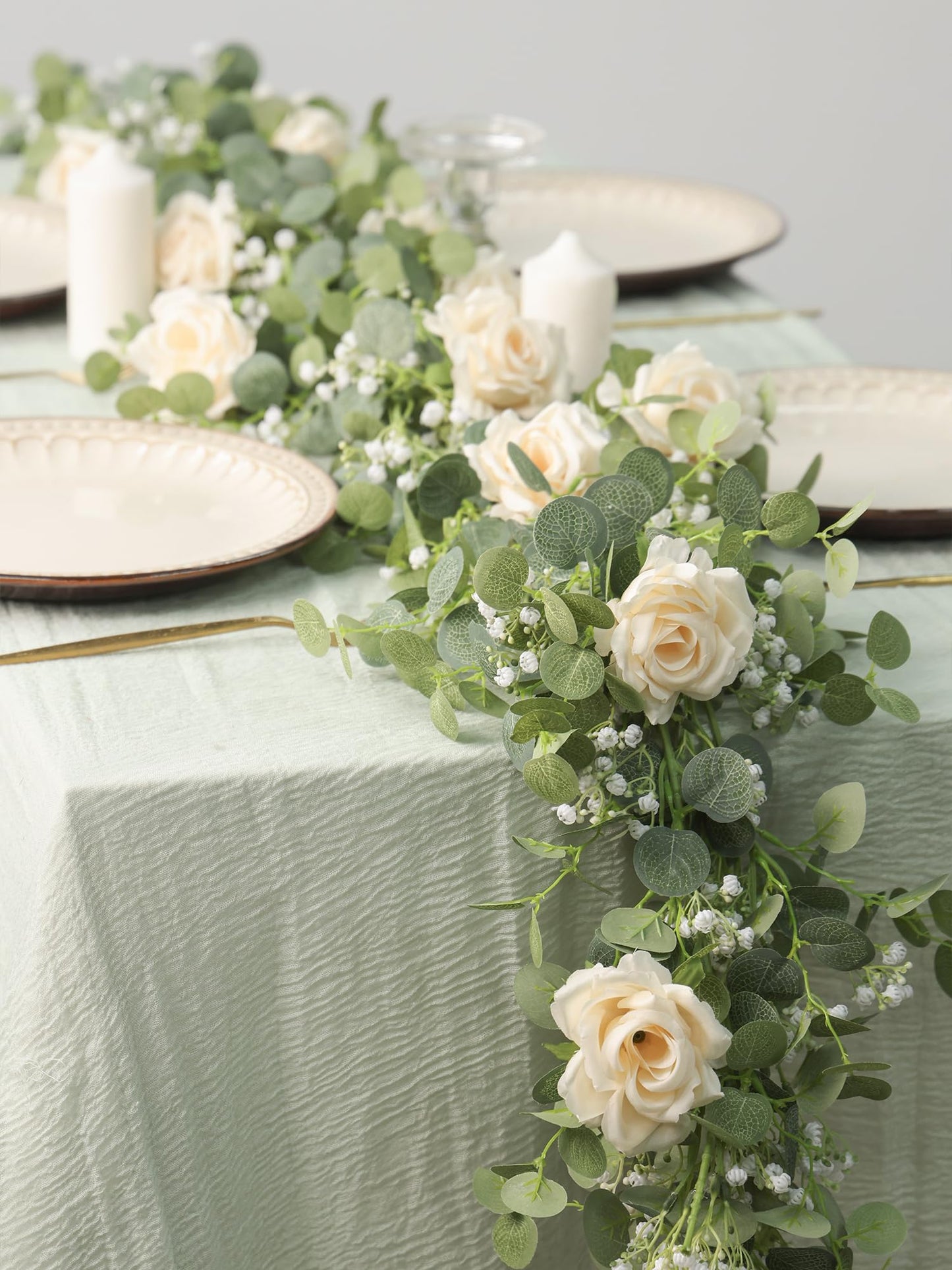 Anna's Whimsy 5.91FT Artificial Eucalyptus Garland with Flowers, Fake Flower Rose Gypsophila, Faux Floral Greenery Garland for Wedding Spring Home Party Craft Art Table Runner Decor