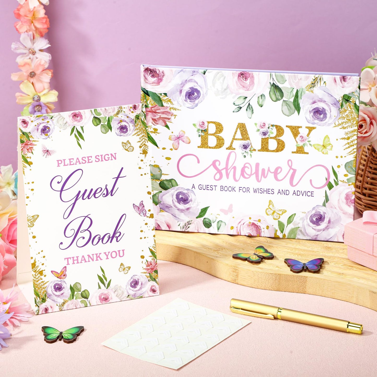 27 Pcs Butterfly Floral Baby Shower Guest Book Set Baby Shower Sign in Guest Floral Book Place Table Cards with Gold Pen Adhesive Photo Corner for Birthday Party