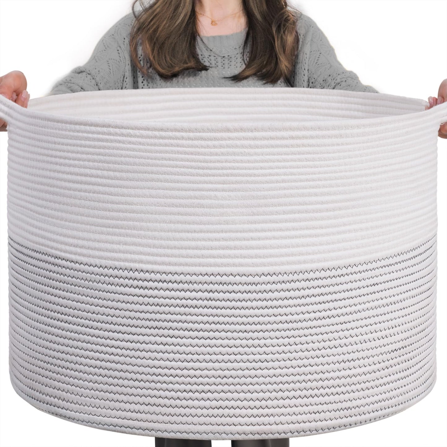 INDRESSME XXXLarge Cotton Rope Basket 21.7" x 21.7" x 13.8" Woven Baby Laundry Blanket Basket Toy Baskets with Handle Storage Comforter Cushions Thread Laundry Hamper