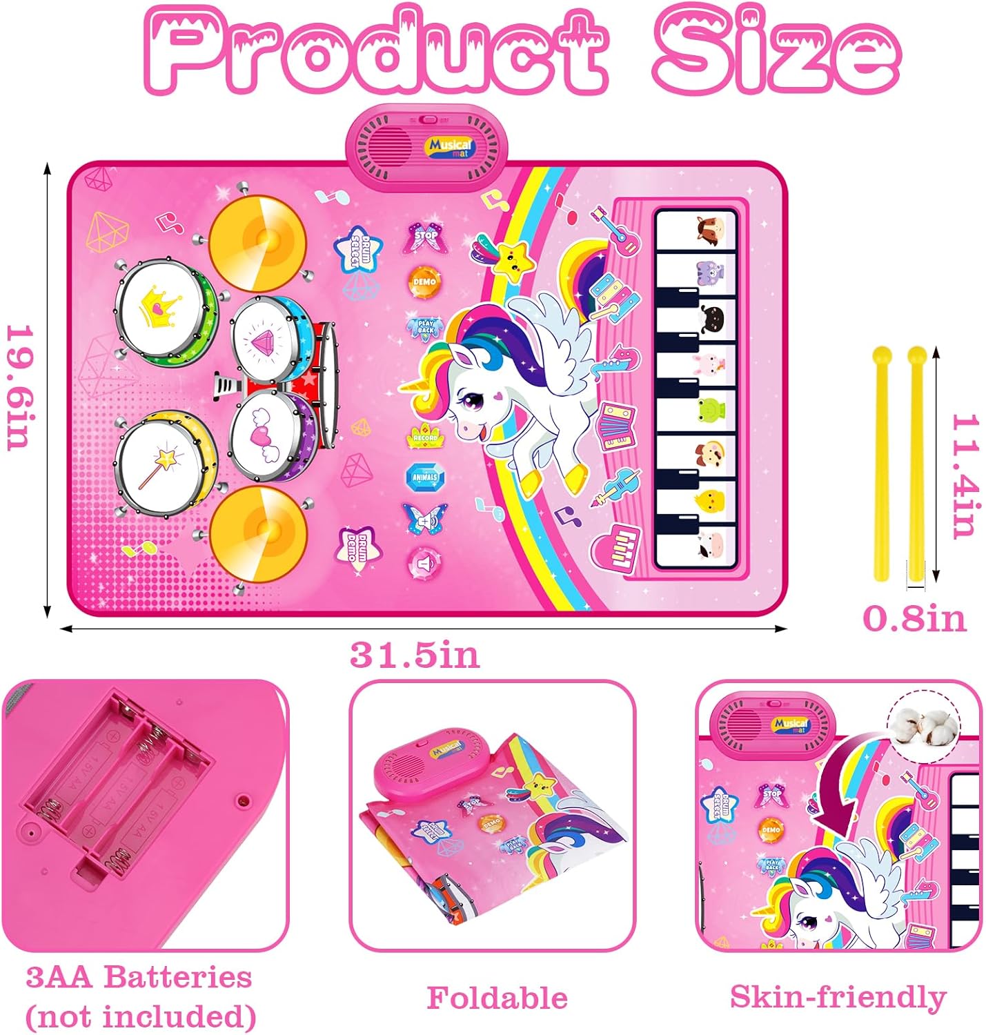 Toys for 1 Year Old Girl Gifts: Baby Music Mat Toddler Toys Age 1-2 - 3 in 1 Piano Drum Animal Touch Unicorn Toy - Infant Musical Toy 12-18 Months Babies Birthday Easter Gifts for 1 2 3 Year Old Girls