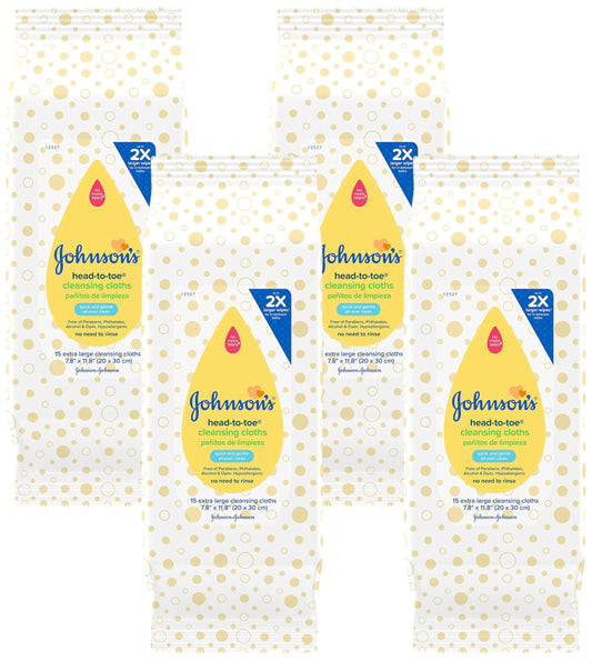 Johnson's Head-to-Toe Gentle Baby Cleansing Cloths, Hypoallergenic and Pre-Moistened Baby Bath Wipes, Free of Parabens, Phthalates, Alcohol, Dyes and Soap, 15 ct