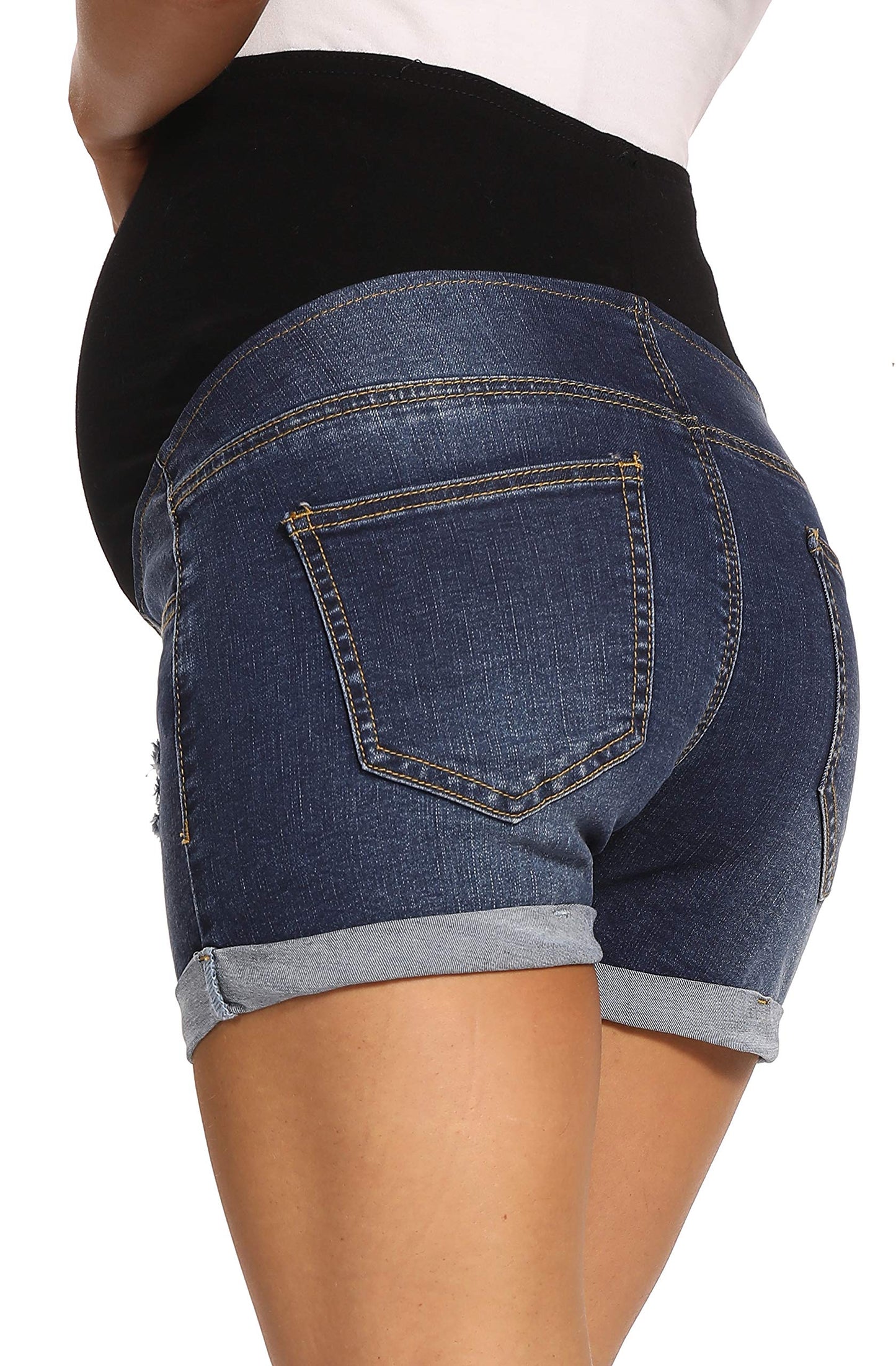 V VOCNI Maternity Denim Shorts Women's Summer High Waist Distressed Cuffed Hem Casual Denim Jeans Short