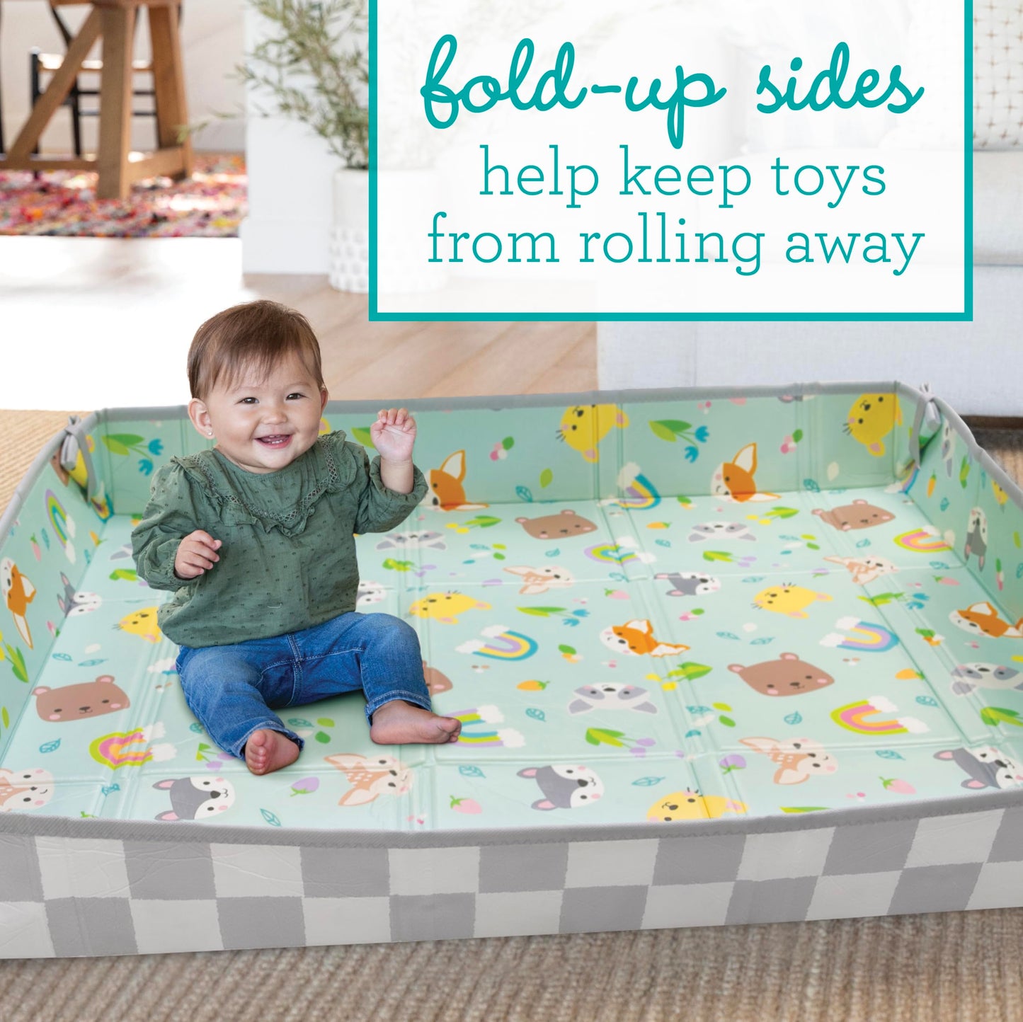 Infantino Foldable Soft Foam Mat, Extra Large Double-Sided Cushioned Portable Play Mat with Fold-Up Sides, Non Slip Crawling & Playing for Infants and Toddlers, Rainbows