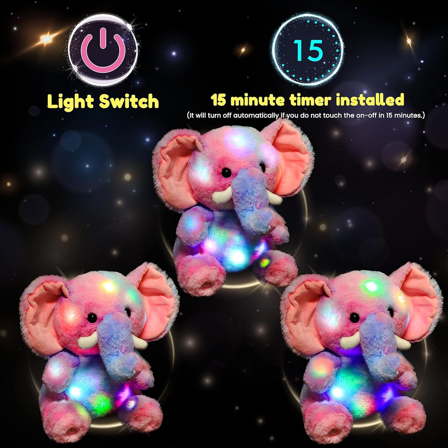Hopearl LED Plush Elephant Colorful Lighting Up Stuffed Animal Elephish Floppy Night Lights Glow in The Dark Birthday Festival for Kids Toddler Girls, Rainbow, 11''