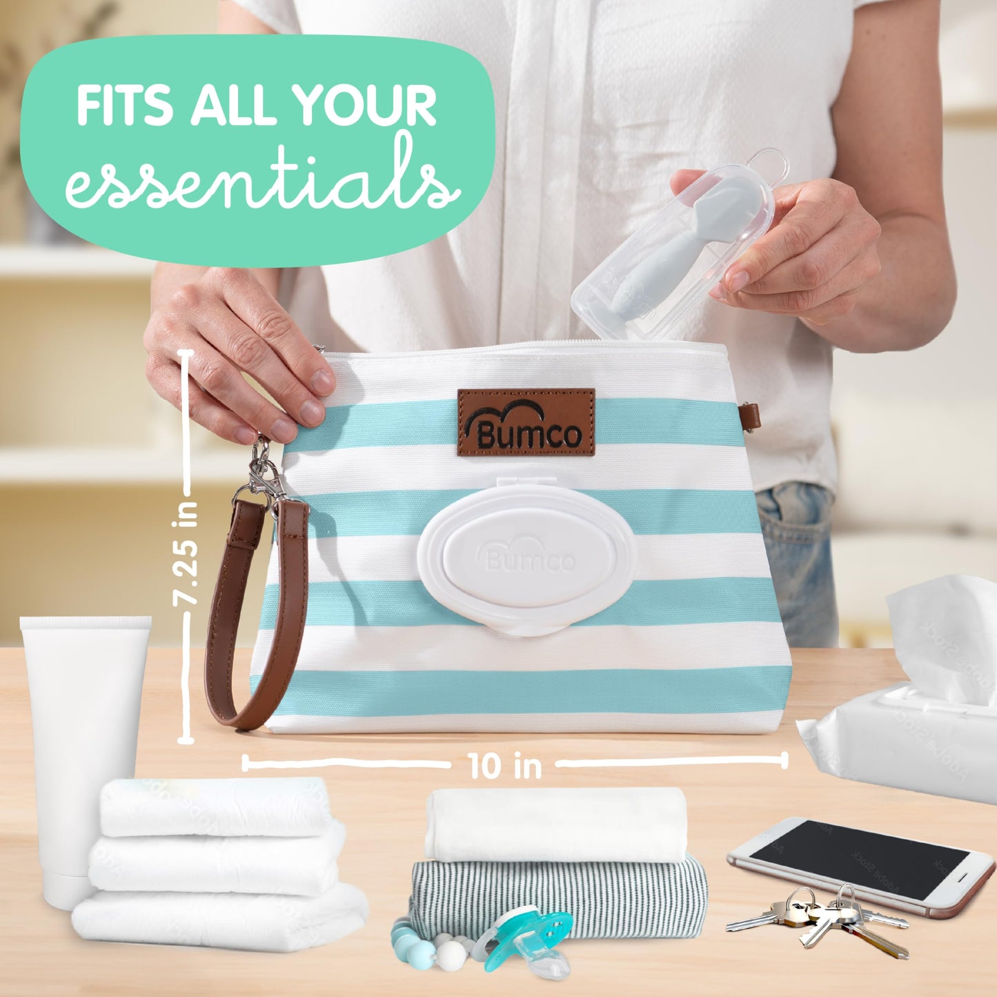 Bumco Diaper Clutch Bag with Refillable Wipes Dispenser - Water Resistant, Lightweight Diaper Pouch with on the go Wipes Dispenser, Portable Baby Wipe Dispenser, (Pink Stripes)