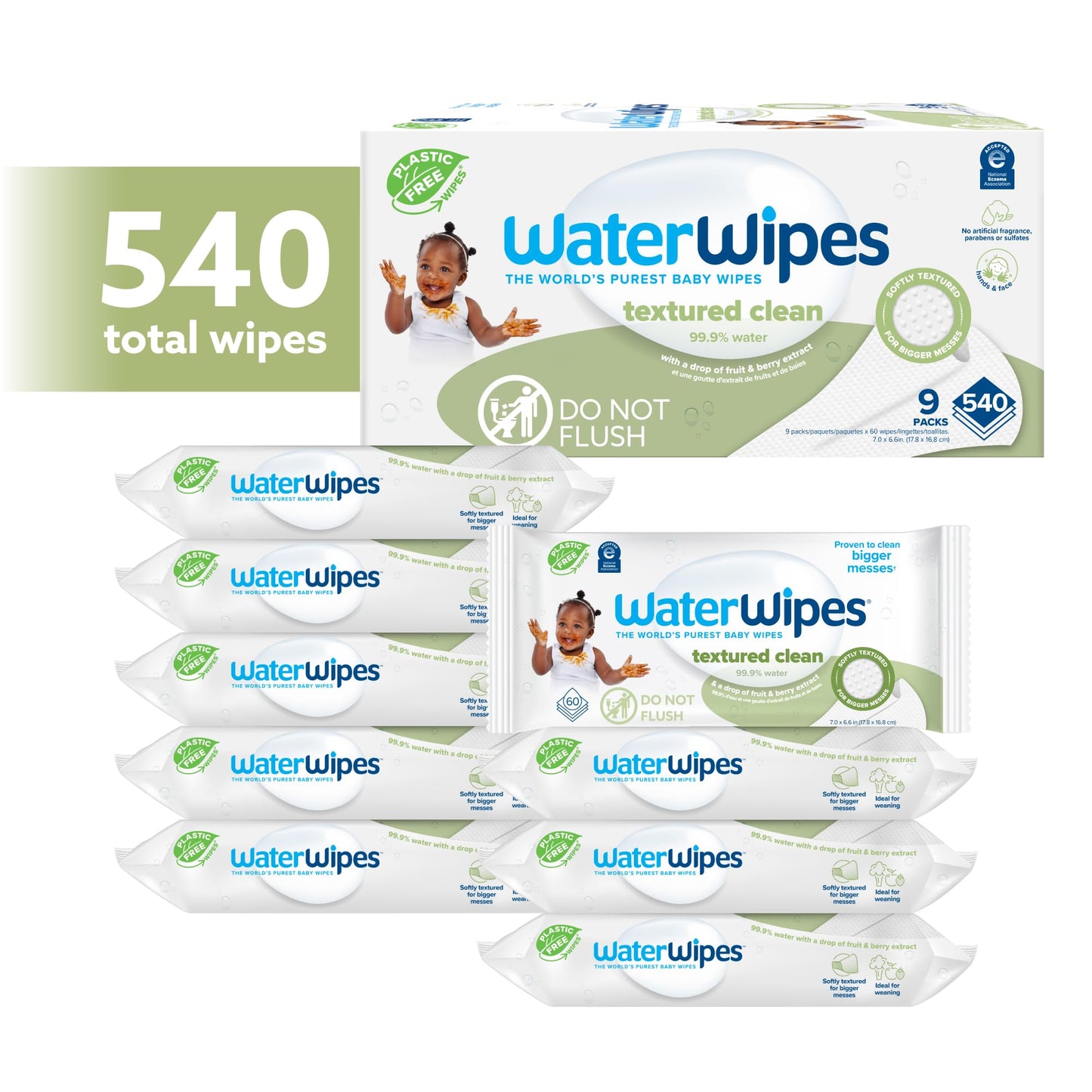 WaterWipes Plastic-Free Textured Clean, Toddler & Baby Wipes, 99.9% Water Based Wipes, Unscented & Hypoallergenic for Sensitive Skin, 60 Count (12 packs), Packaging May Vary