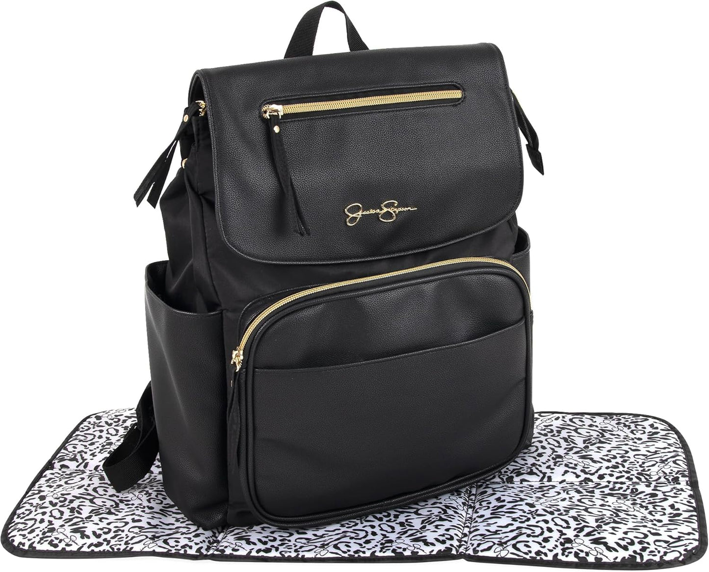 Jessica Simpson Black Vegan Leather Diaper Bag Backpack with Baby Changing Mat Pad, Stroller Strap Clips, 2 Pc. Set