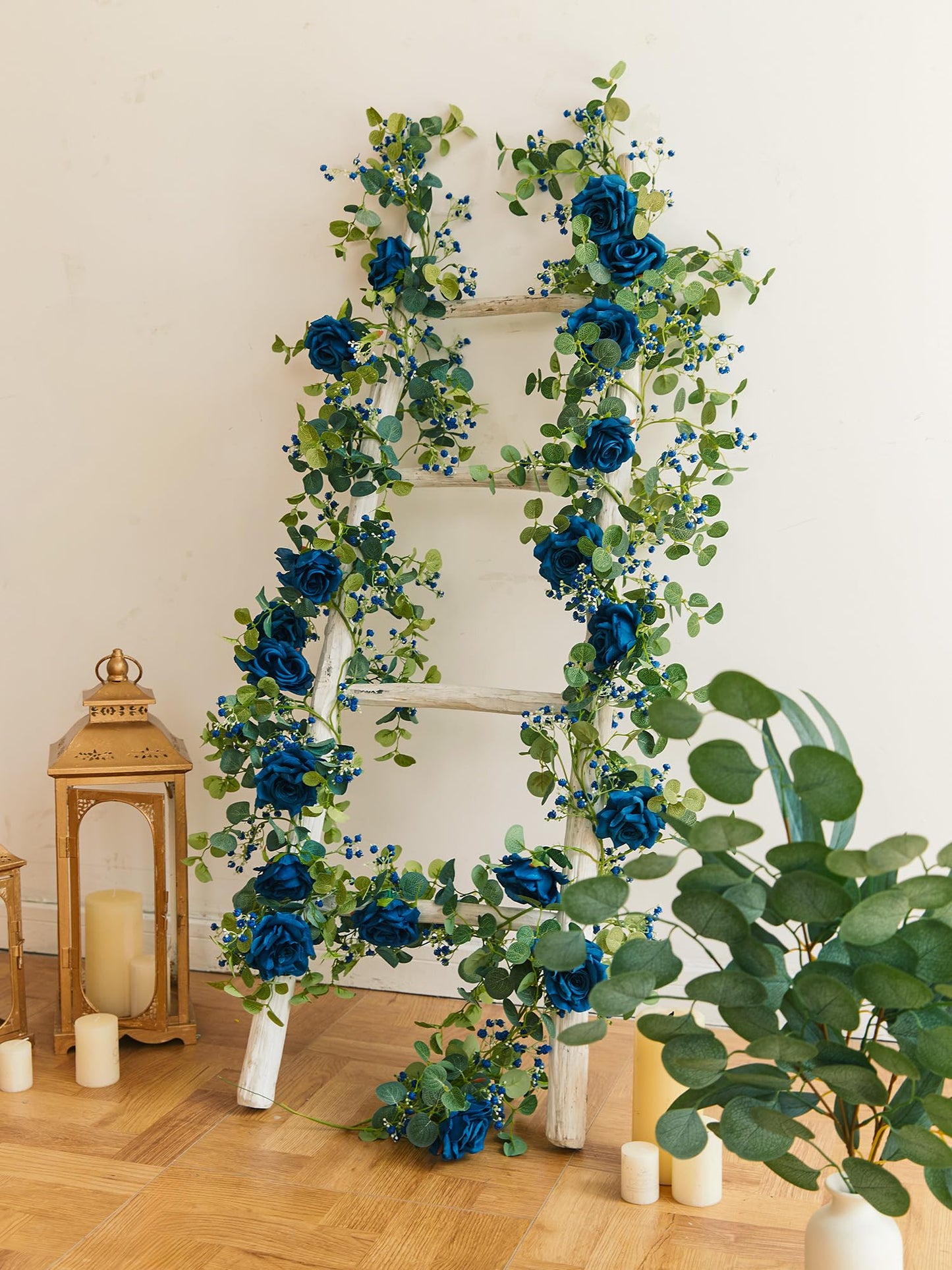 Anna's Whimsy 5.91FT Artificial Eucalyptus Garland with Flowers, Fake Flower Rose Gypsophila, Faux Floral Greenery Garland for Wedding Spring Home Party Craft Art Table Runner Decor